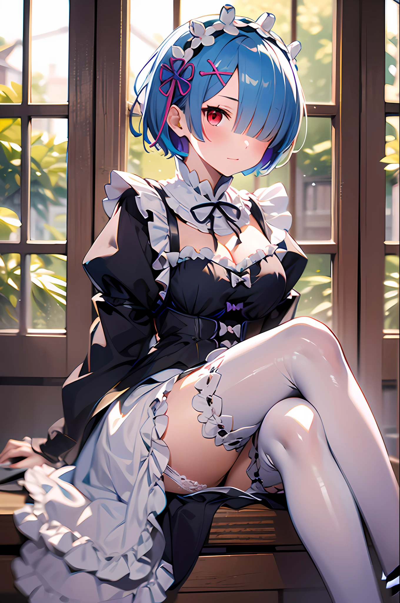 masterpiece, best quality, highres, ram1, 1girl, solo, rem \(re:zero\), blue hair, white thighhighs, short hair, red eyes, hair over one eye, ribbon trim, hair ribbon, x hair ornament, frills, maid headdress, waist apron, garter straps, black ribbon, medium breasts, cleavage, long sleeves, white apron, neck ribbon, purple ribbon, wide sleeves, hair flower, indoors, sitting, crossed legs,