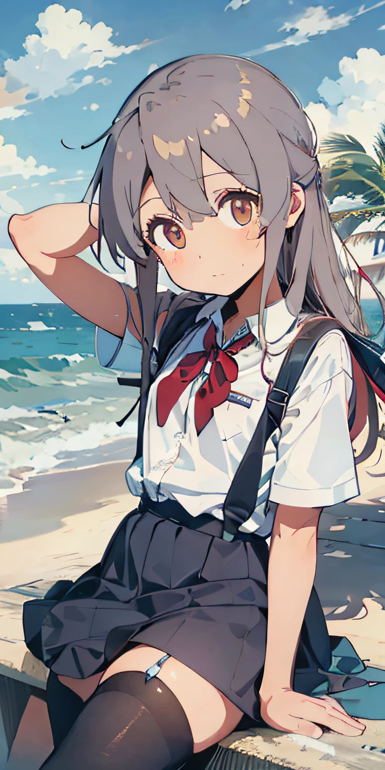 1girll, Beautiful detailed eyes, school uniform, High white stockings, Glossy glossy skin, Seaside, beach, Waves, High contrast, ((Masterpiece, Best quality))