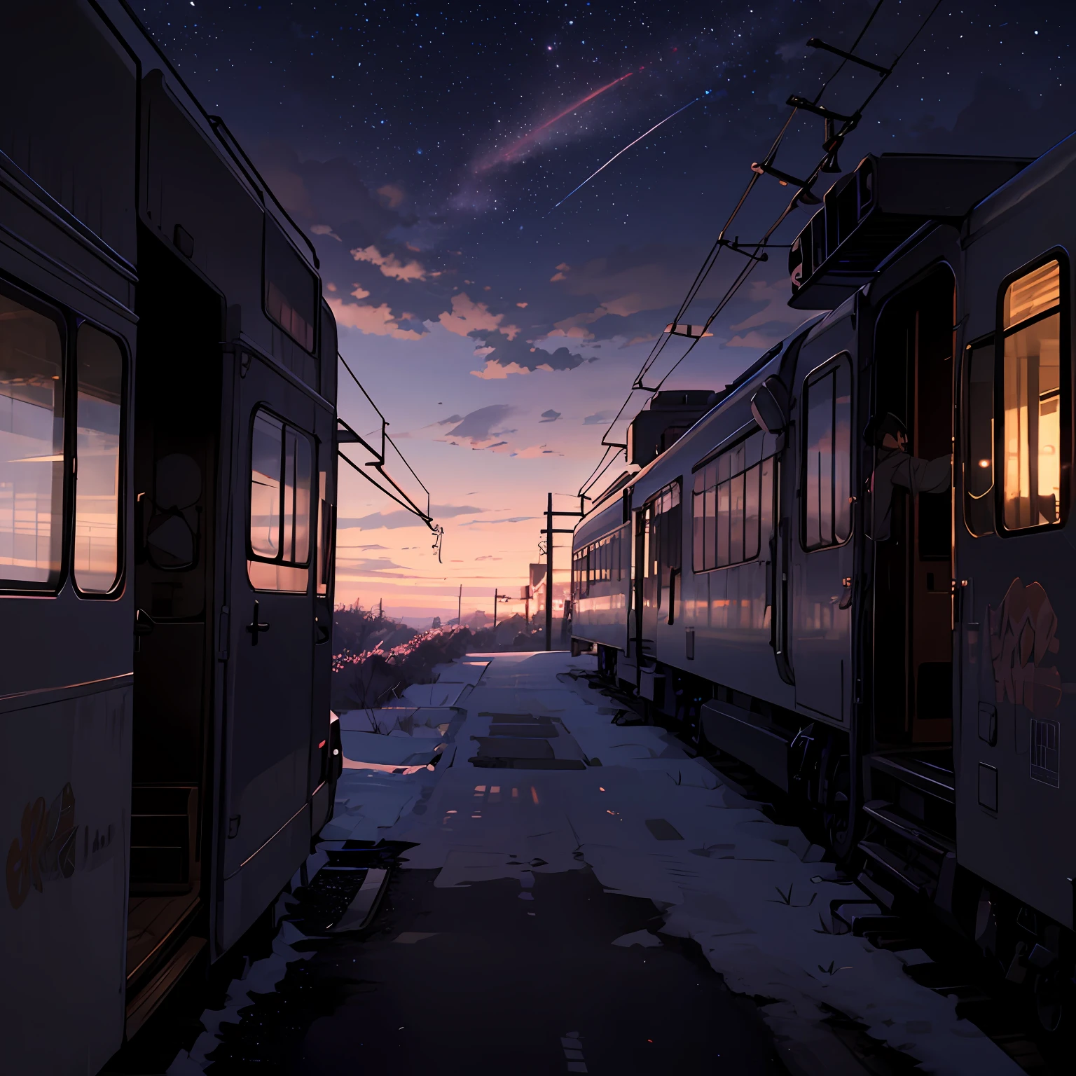 (((Makoto Shinkai style)),pixiv,anime drawing,high quality,pink purple sky,beautiful scene),(universe,train passing,magical realism,((makoto shinkai style)) ::0.8), [Artistic Atmosphere, Atmosphere:0.8, Starry Sky, Hills, Snow Mountain, Sparkling Water, Grass, Trees, Smoke, Stars, Low Angle of View, Specular Scattering, --auto