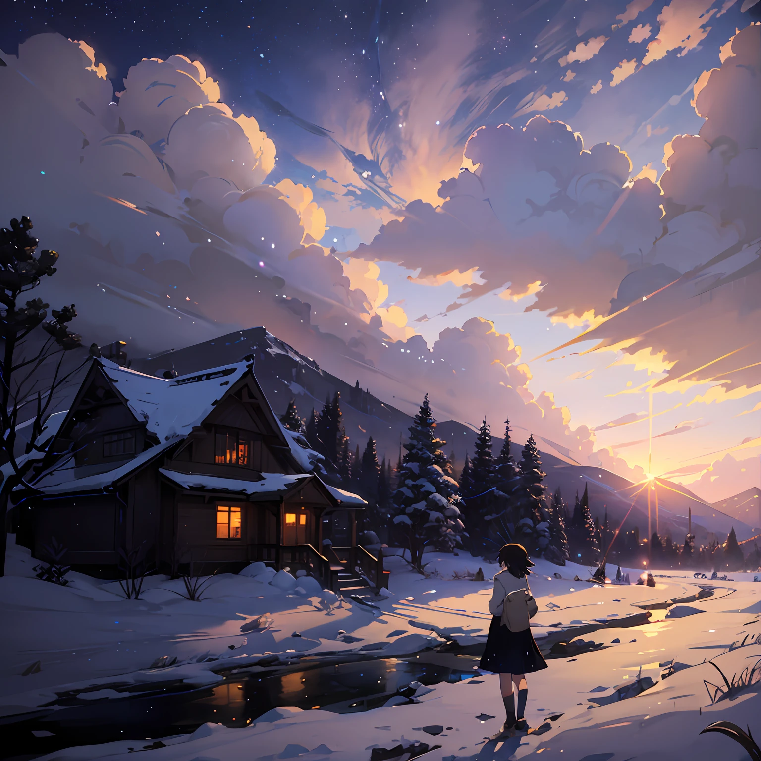 (((Makoto Shinkai style)),pixiv,anime drawing,high quality,pink purple sky,beautiful scene),(universe,train passing,magical realism,((makoto shinkai style)) ::0.8), [Artistic Atmosphere, Atmosphere:0.8, Starry Sky, Hills, Snow Mountain, Sparkling Water, Grass, Trees, Smoke, Stars, Low Angle of View, Specular Scattering, --auto