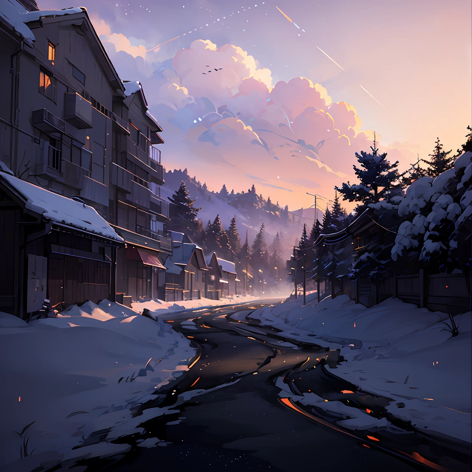 (((Makoto Shinkai style)),pixiv,anime drawing,high quality,pink purple sky,beautiful scene),(universe,train passing,magical realism,((makoto shinkai style)) ::0.8), [Artistic Atmosphere, Atmosphere:0.8, Starry Sky, Hills, Snow Mountain, Sparkling Water, Grass, Trees, Smoke, Stars, Low Angle of View, Specular Scattering, --auto