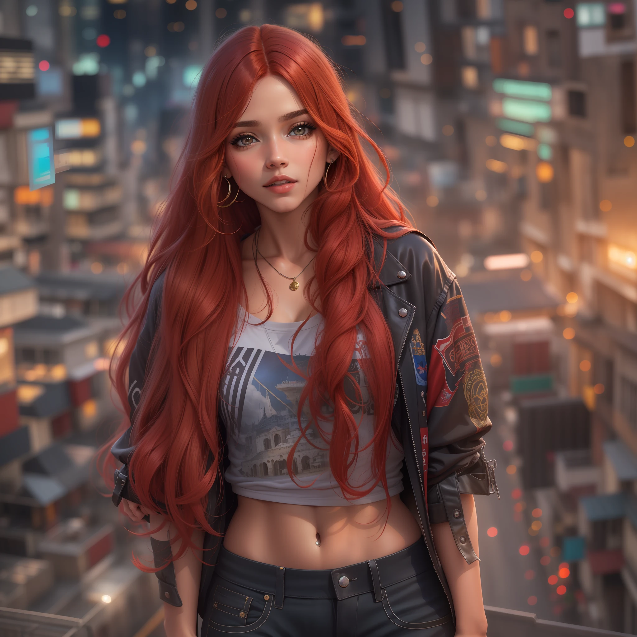 (obra-prima: 1.2), (melhor qualidade: 1.2), mulher meiga, 18 anos, long red hair with braids, cabelos longos, blusa solta, camiseta preta cropped, saia preta rodada, jaqueta leve, olhos de safira brilhante e detalhados, coturno cano alto, em uma cidade com luzes coloridas,