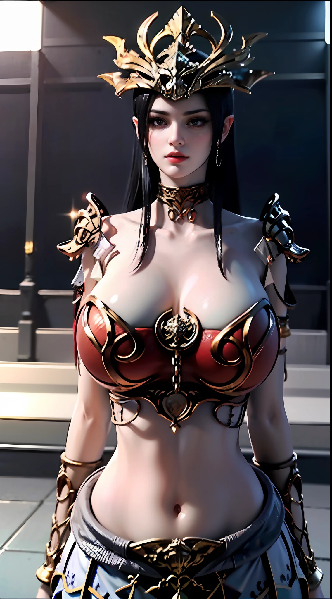 ((Unreal Engine 5)), Realistic Rendering, Excellent, (Full royal armor:1.2), (breastplate), (helm), looking on camera, 1girl standing on studio, beautiful face, (kpop makeup), CGImix, (photorealism:1.2), ultrarealistic uhd face, (hugefaketits:1.4), (gigantic breasts:1.2), (muscle abs), (big butt), (wide hips), (thick thighs), slim waist, hourglass figure, half body, ((glowing skin)), ((shiny skin)), Realistic perfect body, ((she is sexy body)), ((clean skin)), photorealistic, bokeh, motion blur, (background blur:1.4), masterpiece, highres, 1080P, super detail, textured skin.