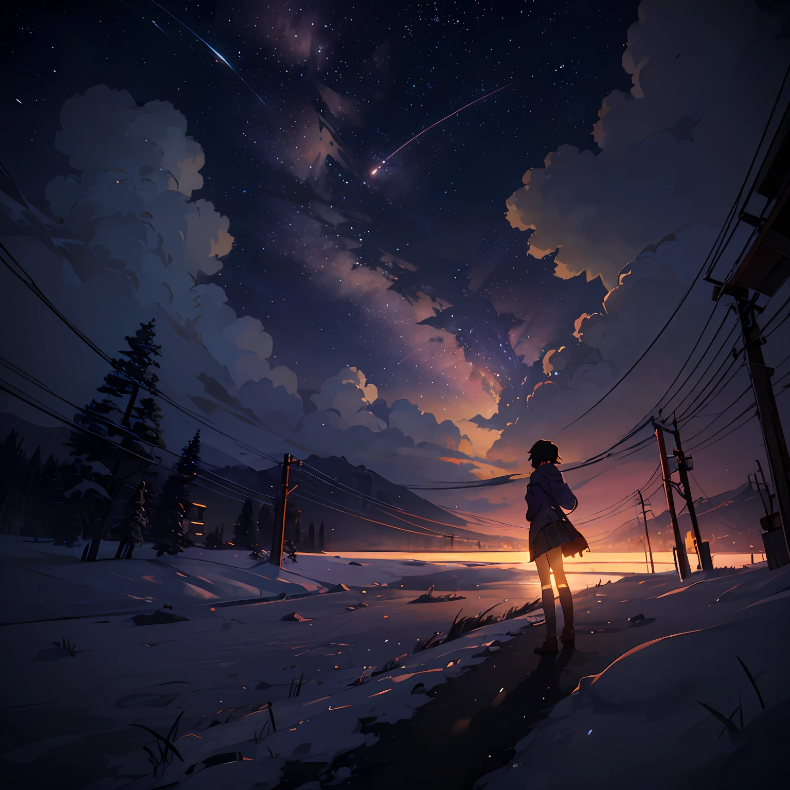 (((Makoto Shinkai style)),pixiv,anime drawing,high quality,pink purple sky,beautiful scene),(universe,train passing,magical realism,((makoto shinkai style)) ::0.8), [Artistic Atmosphere, Atmosphere:0.8, Starry Sky, Hills, Snow Mountain, Sparkling Water, Grass, Trees, Smoke, Stars, Low Angle of View, Specular Scattering, --auto