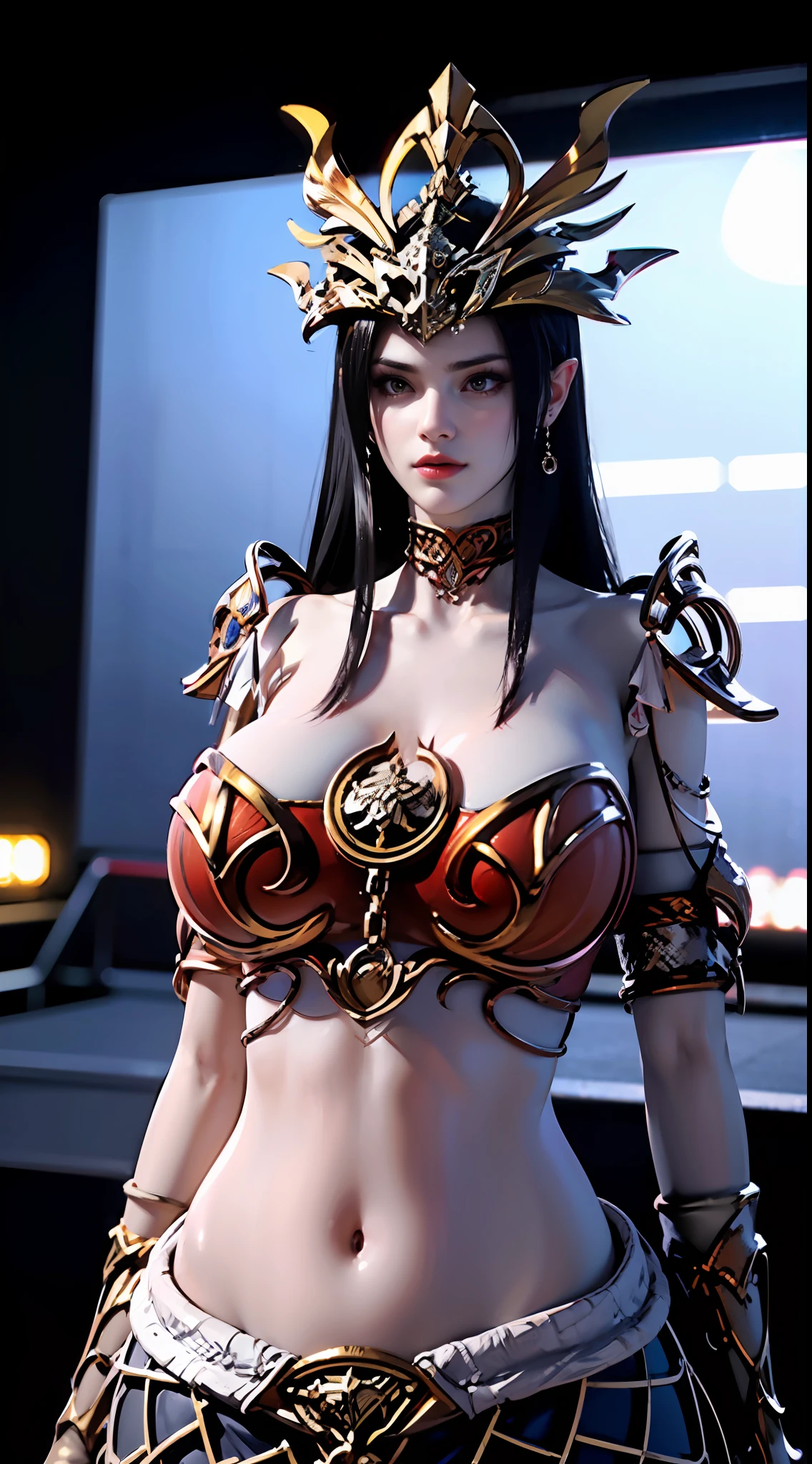 ((Unreal Engine 5)), Realistic Rendering, Excellent, (Full royal armor:1.2), (breastplate), (helm), looking on camera, 1girl standing on studio, beautiful face, (kpop makeup), CGImix, (photorealism:1.2), ultrarealistic uhd face, (hugefaketits:1.4), (gigantic breasts:1.2), (muscle abs), (big butt), (wide hips), (thick thighs), slim waist, hourglass figure, half body, ((glowing skin)), ((shiny skin)), Realistic perfect body, ((she is sexy body)), ((clean skin)), photorealistic, bokeh, motion blur, (background blur:1.4), masterpiece, highres, 1080P, super detail, textured skin.