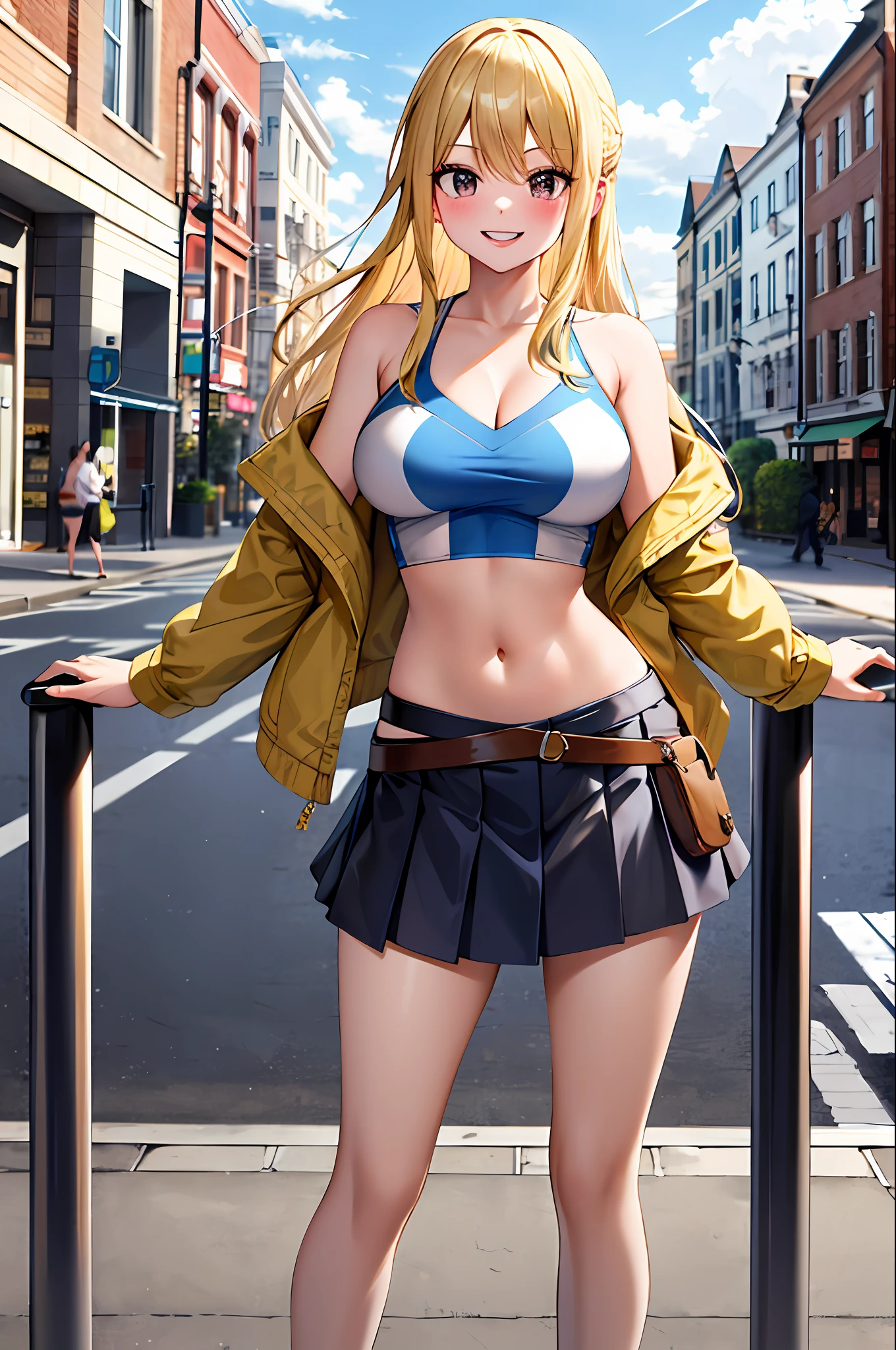 masterpiece, best quality, highres, lucy heartfilia, blonde hair, long hair, large breasts, jacket, crop top, bare shoulder, show stomach, belt, pleated skirt, cowboy shot, standing, looking at viewer, city road, outdoor, modern city road, blush, shy, smile, show teeth, stocking,