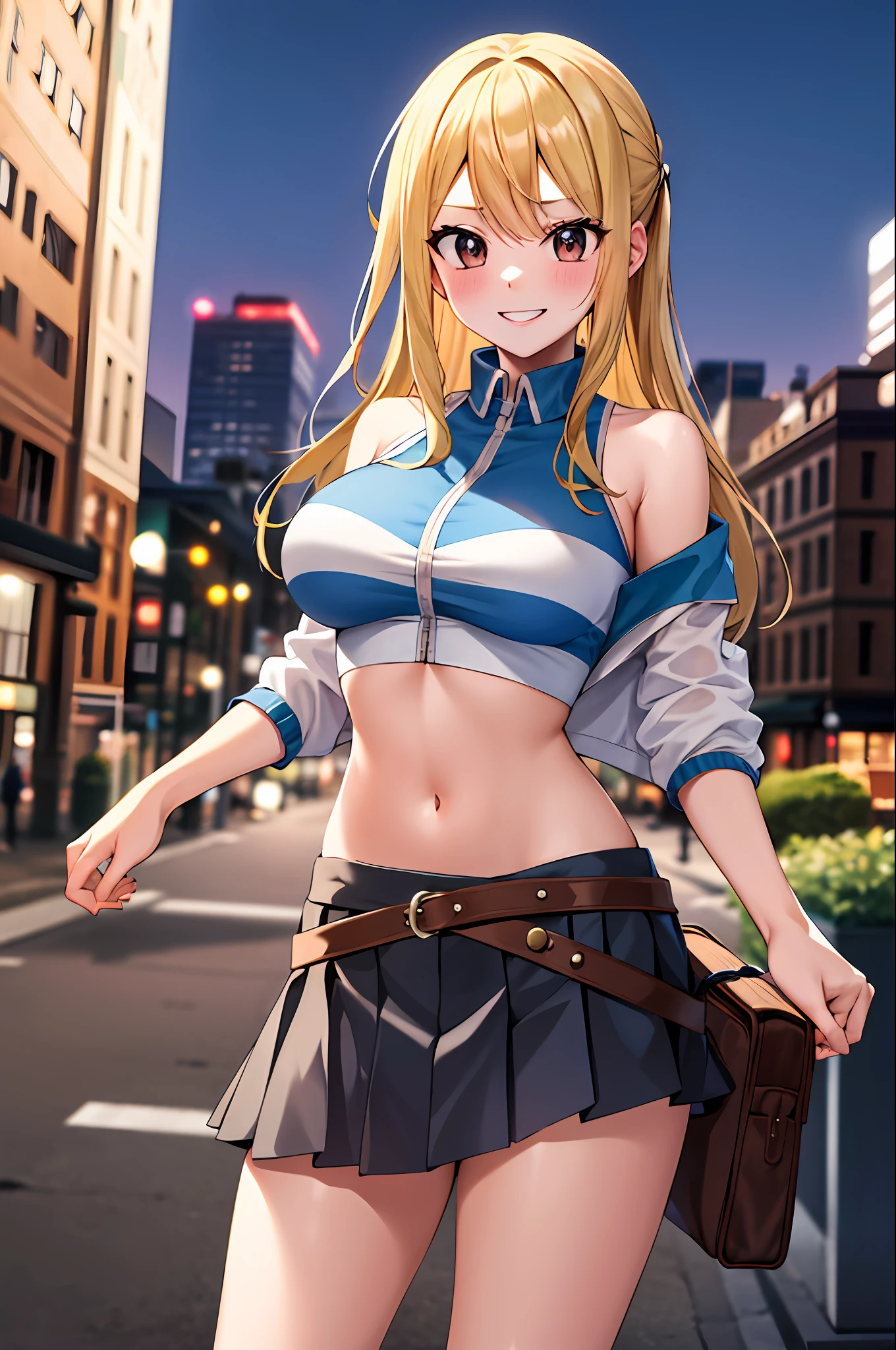 masterpiece, best quality, highres, lucy heartfilia, blonde hair, long hair, large breasts, jacket, crop top, bare shoulder, show stomach, belt, pleated skirt, cowboy shot, standing, looking at viewer, city road, outdoor, modern city road, blush, shy, smile, show teeth, stocking,