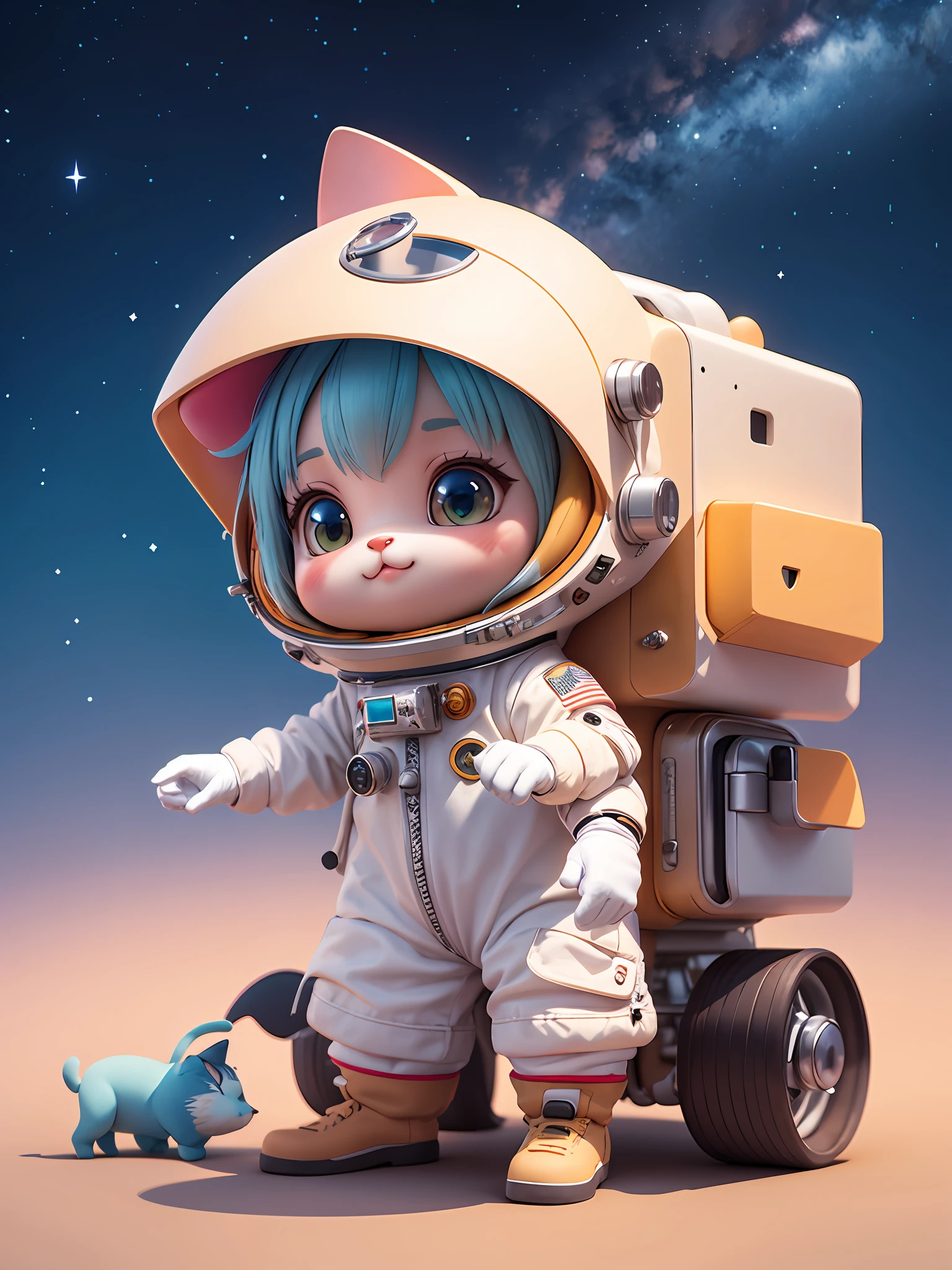 There is a cat in a spacesuit with white gloves, cute digital painting, cute 3D rendering, cute detailed digital art, cute digital art, astronaut cat, cute cartoon characters, render stylized, character art rendering character art 8k, render digital art, cute! C4D with a bright starry sky in the background