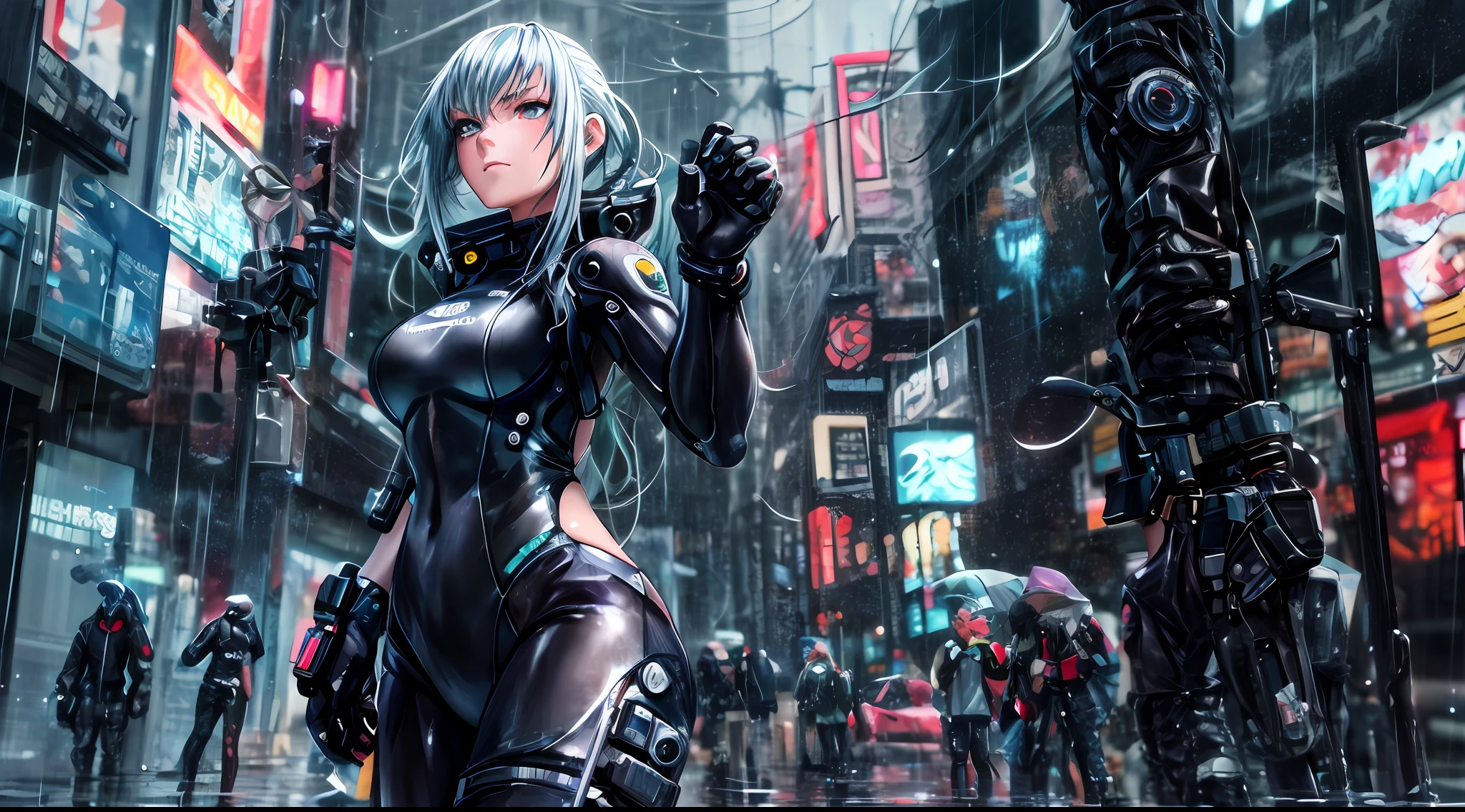 There is a woman in a wetsuit posing in the rain, Digital cyberpunk anime art, female cyberpunk anime girl, an oppai cyberpunk, digitl cyberpunk - anime art, cyberpunk anime girl, anime cyberpunk art, cyberpunk anime art, cyberpunk anime girl mech, cyborg - girl with silver hair, cyberpunk theme art, Cyberpunk art style, cyberpunk beautiful girl, cyberpunk angry gorgeous goddess