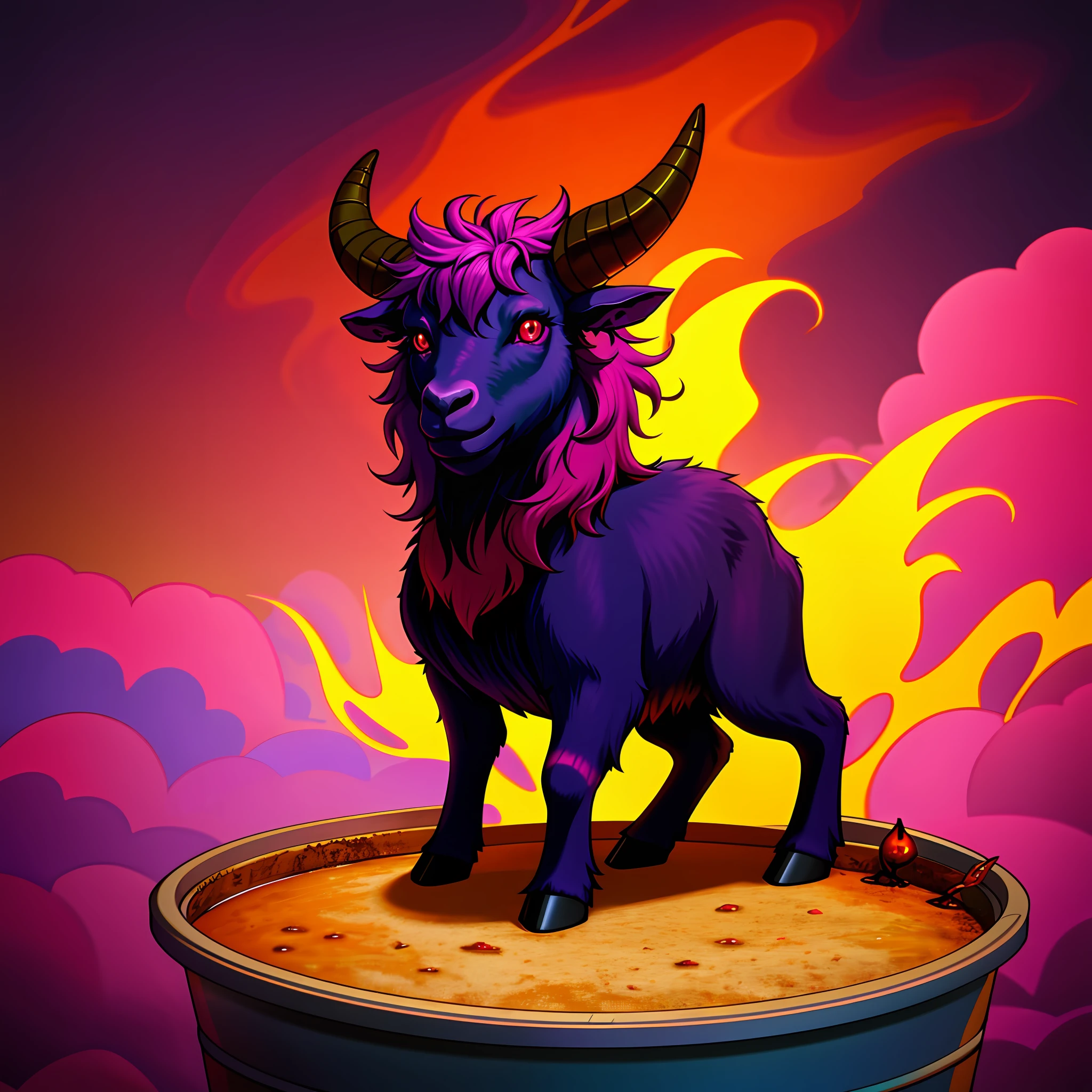 Bipedal creature resembling a dark purple goat, glowing red eyes, yellow cloud horns, inside a pink-purple pot, masterpiece, best quality
