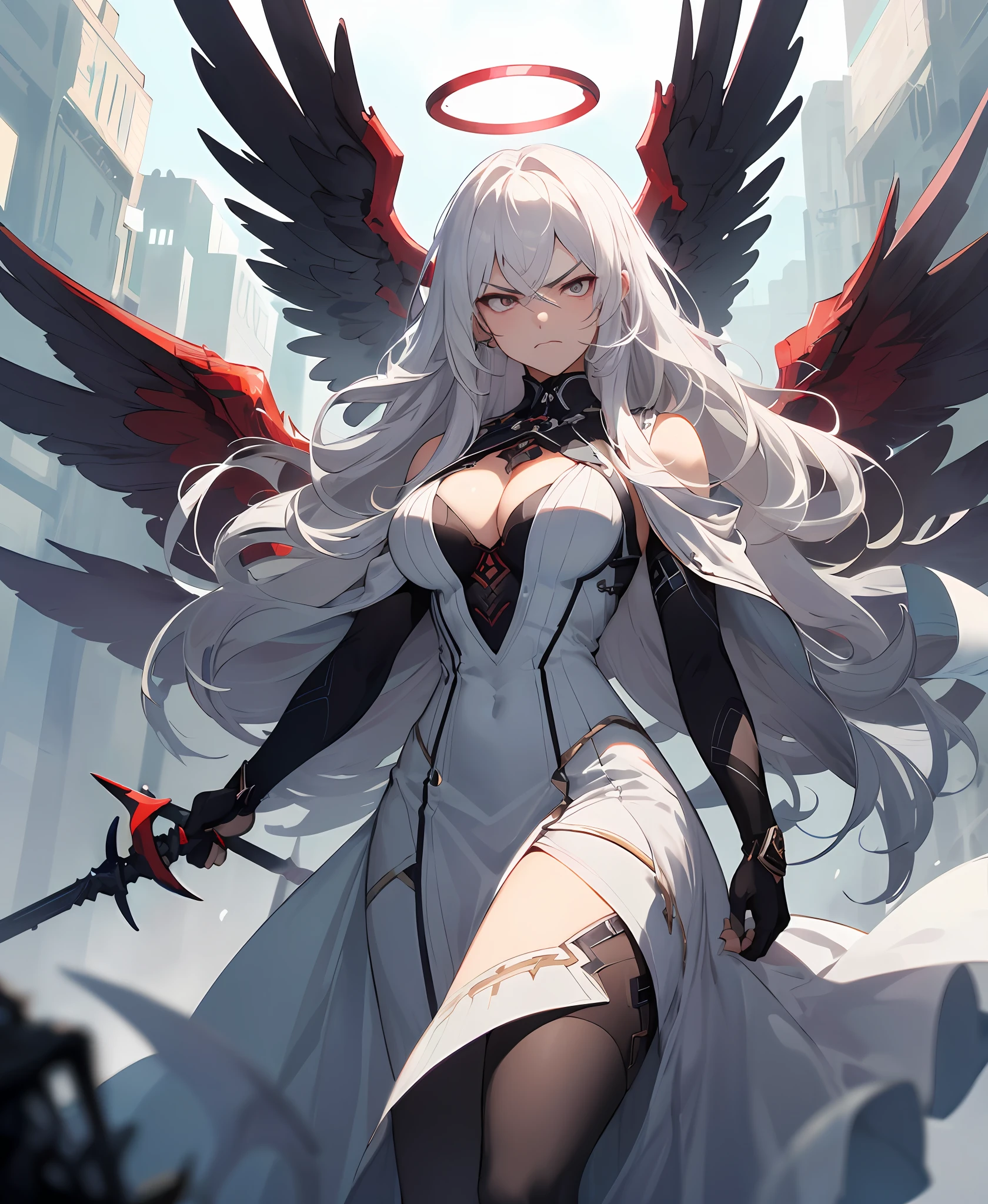 (masterpiece, best quality, high quality), 1girl, ((intimidating, pissed)), standing, white hair, (long hair, disheveled hair), red intimidating eyes, :(, flowing hair, halo, 2large wings, white dress, seen breast, holding a spear