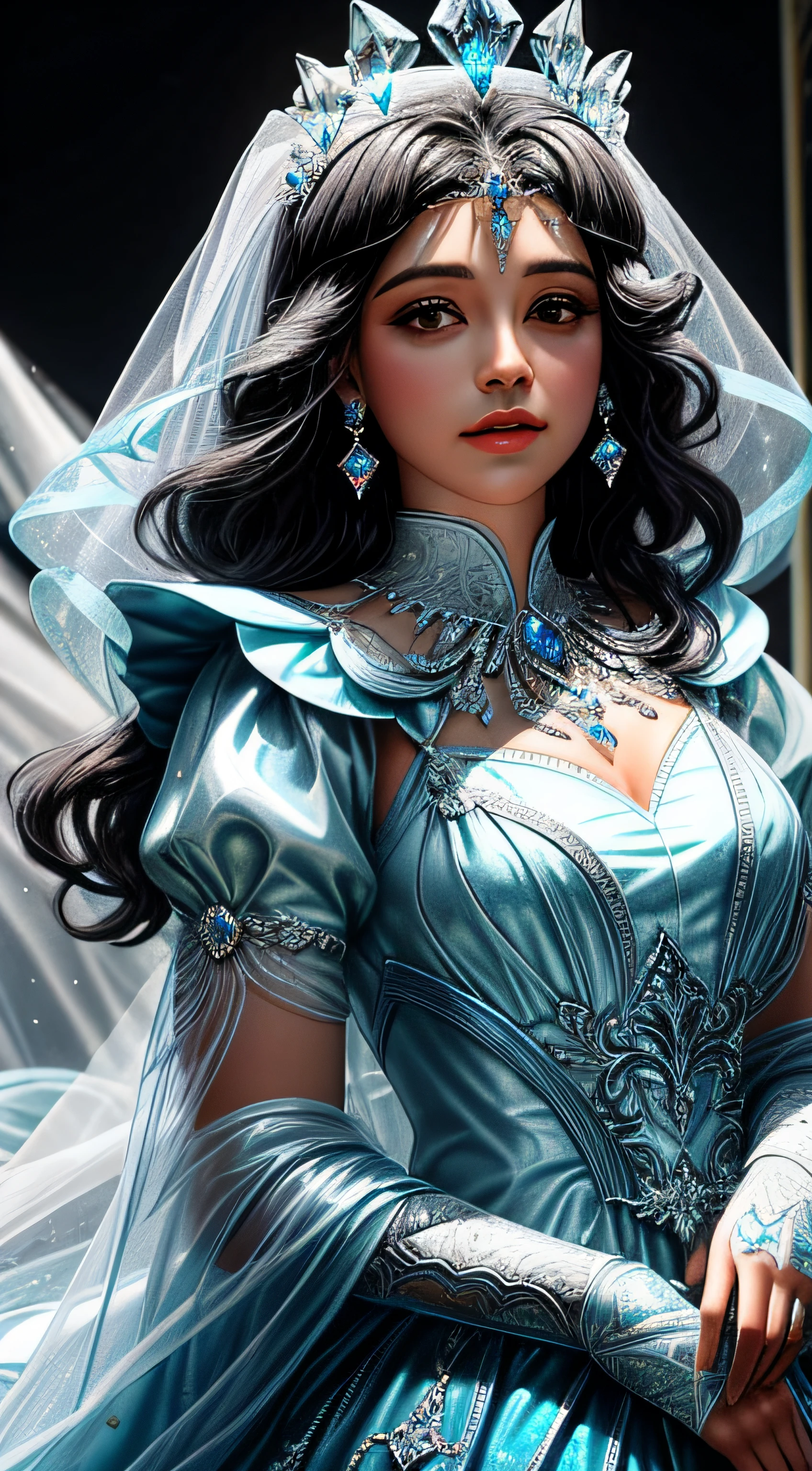 A closeup of a TIA with blue and white crystals on a black surface, tiara com safira, Coroa de joias, coroa de joias, tiara azul, coroa ornamentada joias, Crown of the Silver Prince, coroa de cristal, coroa real, coroa de engrenagens azuis e diamantes, realeza enfeitada e incrustada, usando uma coroa de diamantes, coroa de prata, Coroa da Rainha