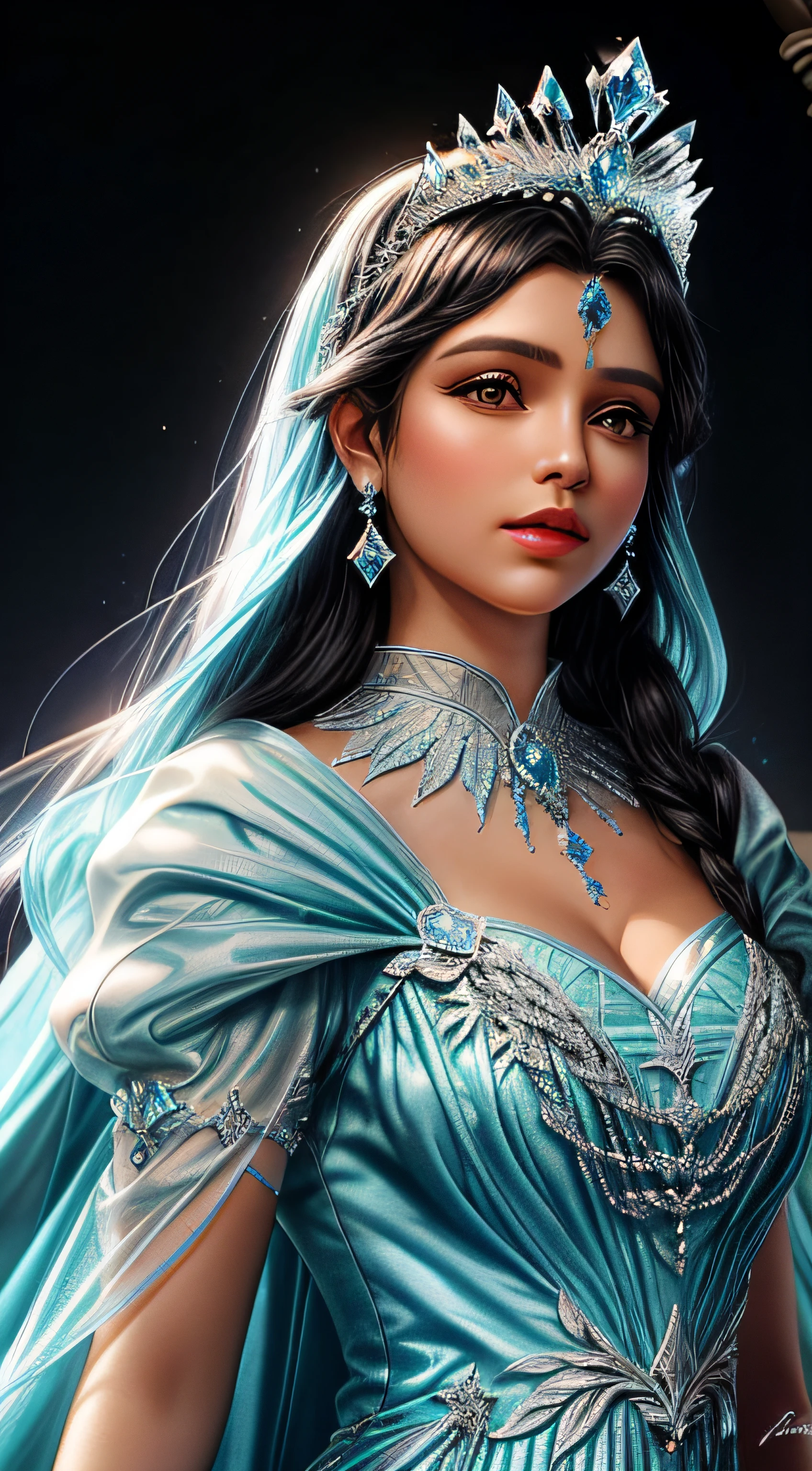 A closeup of a TIA with blue and white crystals on a black surface, tiara com safira, Coroa de joias, coroa de joias, tiara azul, coroa ornamentada joias, Crown of the Silver Prince, coroa de cristal, coroa real, coroa de engrenagens azuis e diamantes, realeza enfeitada e incrustada, usando uma coroa de diamantes, coroa de prata, Coroa da Rainha