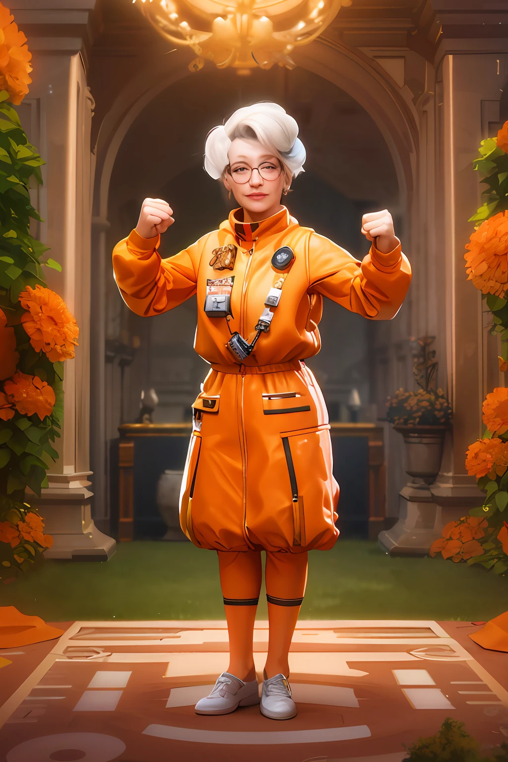 cartoon illustration of a woman in an orange space suit standing in a garden, 3d render senior artist, iconic character splash art, inspired by Adélaïde Victoire Hall, character splash art, official character art, gordon freeman as a woman, old lady cyborg merchant, portrait of hide the pain harold, inspired by Charmion von Wiegand --auto