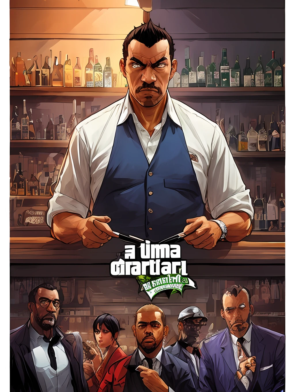 retrato facefoward de Handsome (guttonerdjul23:1.1) as a criminal kingpin , estoico, olhar gentil, thin-looking hair, rosto perfeito, olhos detalhados, fumar um charuto, fumos de charuto, Inside the Dawn Mafia Pub, inspired by the cover of GTA5 heart stone, | oficial behance hd artstation por Jesper Ejsing, por RHADS, Makoto Shinkai, Hands