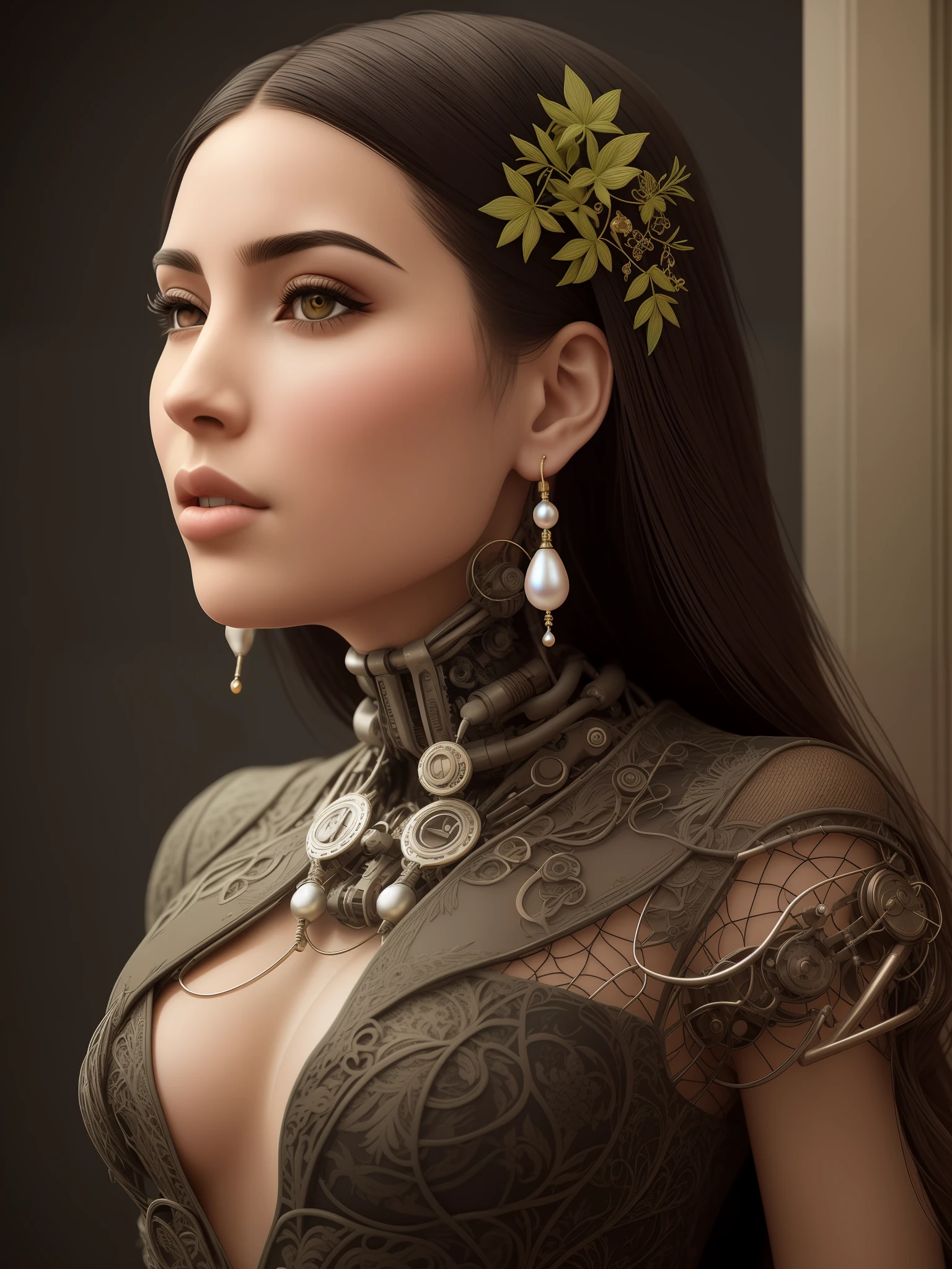 Intricate 3D rendering of ultra-detail of beautiful porcelain silhouette of Kim Kardashian's face , biomechanical cyborg, simulating, 150 mm lens, beautiful natural soft rim light, large leaves and stems, roots, Fine-leaf lace, Colorful details, Masai Warrior, Alexander McQueen Haute Couture Haute Couture, Pearl earrings, Art Nouveau fashion embroidery, steampunc, Intricate details, Mesh, Mandelbrot fractal, anatomically, face muscles, cable wires, micro Chip, elegant, Ultra photo realsisim, Ultra detailed, rendering by octane, h.r. Giger style, voluminetric lighting, 8K post-production