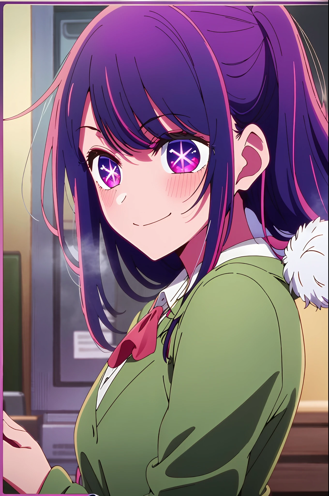 ​masterpiece、ighly detailed、(1 girl in:1.2)、purple color  hair、Green Blazer、Grey skirt big eyes、a closeup、A smile、8K 、Ai Hoshino、Live performance venue