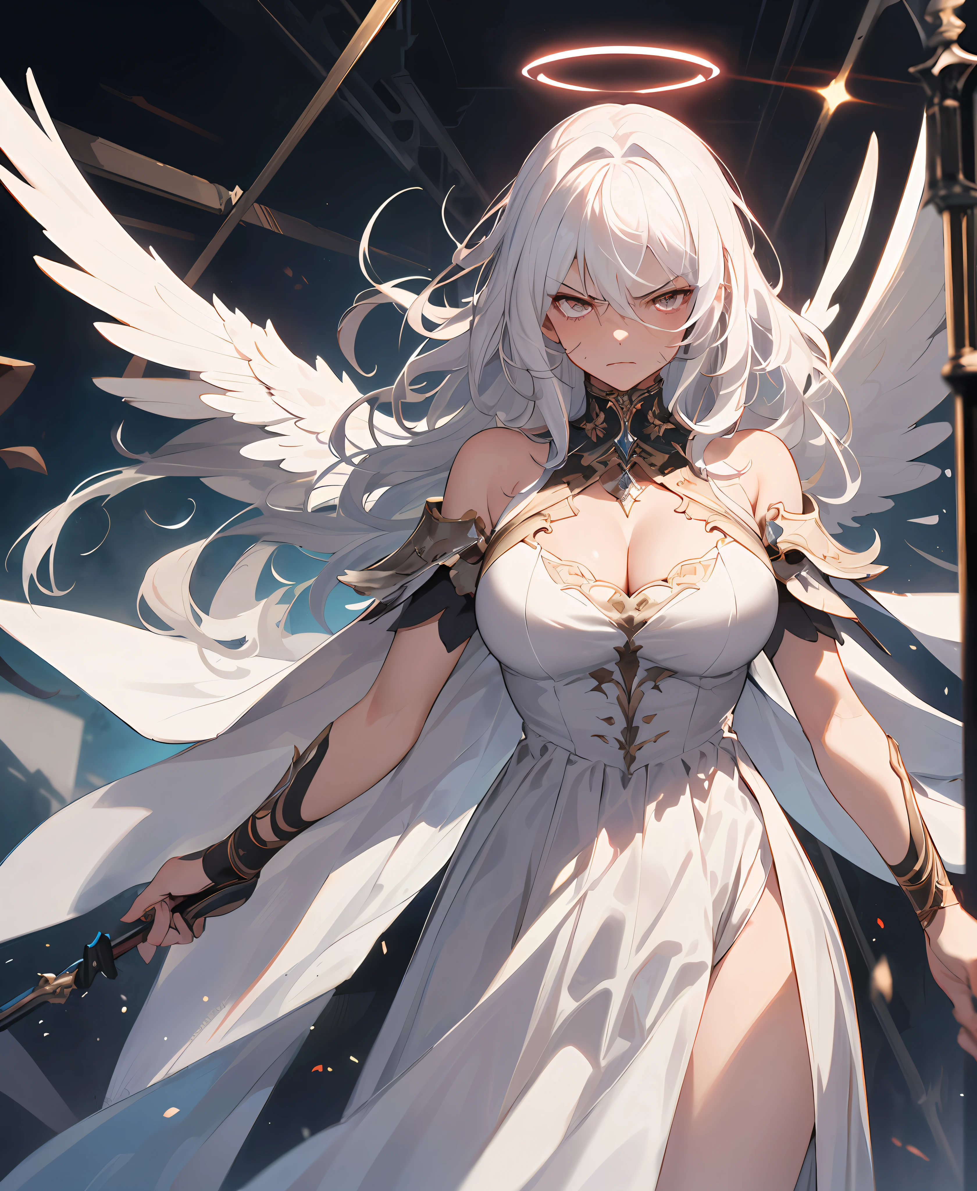(masterpiece, best quality, high quality), 1girl, ((intimidating, pissed)), standing, white hair, (long hair, disheveled hair), red intimidating eyes, :(, flowing hair, halo, 2large wings, white dress, seen breast, holding a spear