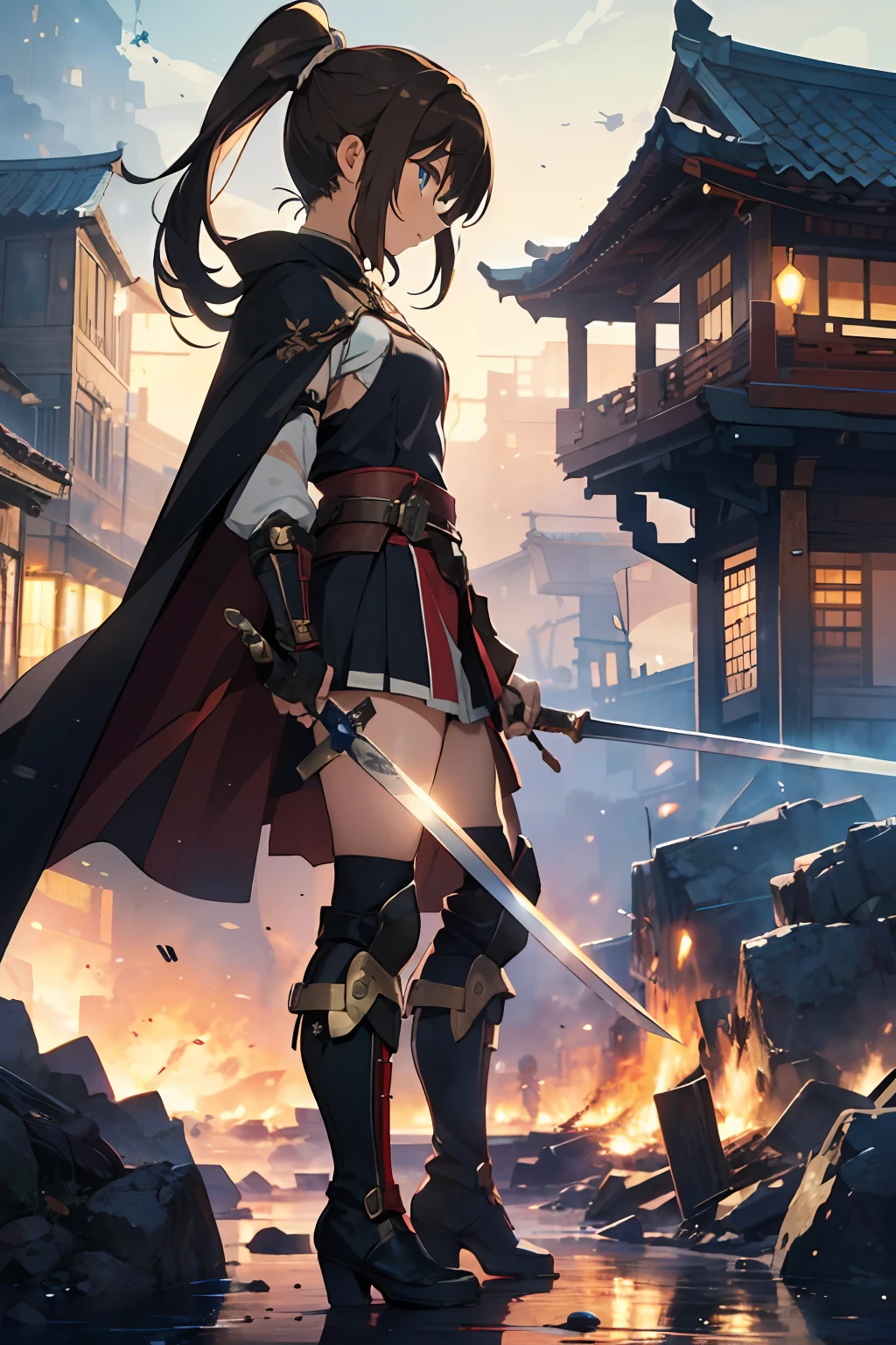 master piace, Best quality at best,ultra -detailed,8K_wall paper,(beautifuleyes),((a Pretty)),(Wonderful),(erotick),anime moe art style,1girl,weapon, armor, sword, solo, , female focus, brown hair, ponytail, helmet, holding, holding weapon, cape, standing, full body, holding sword, , boots, facial hair,three kingdom,A battlefield engulfed in fire,dynamic pose,profile,chinese armor