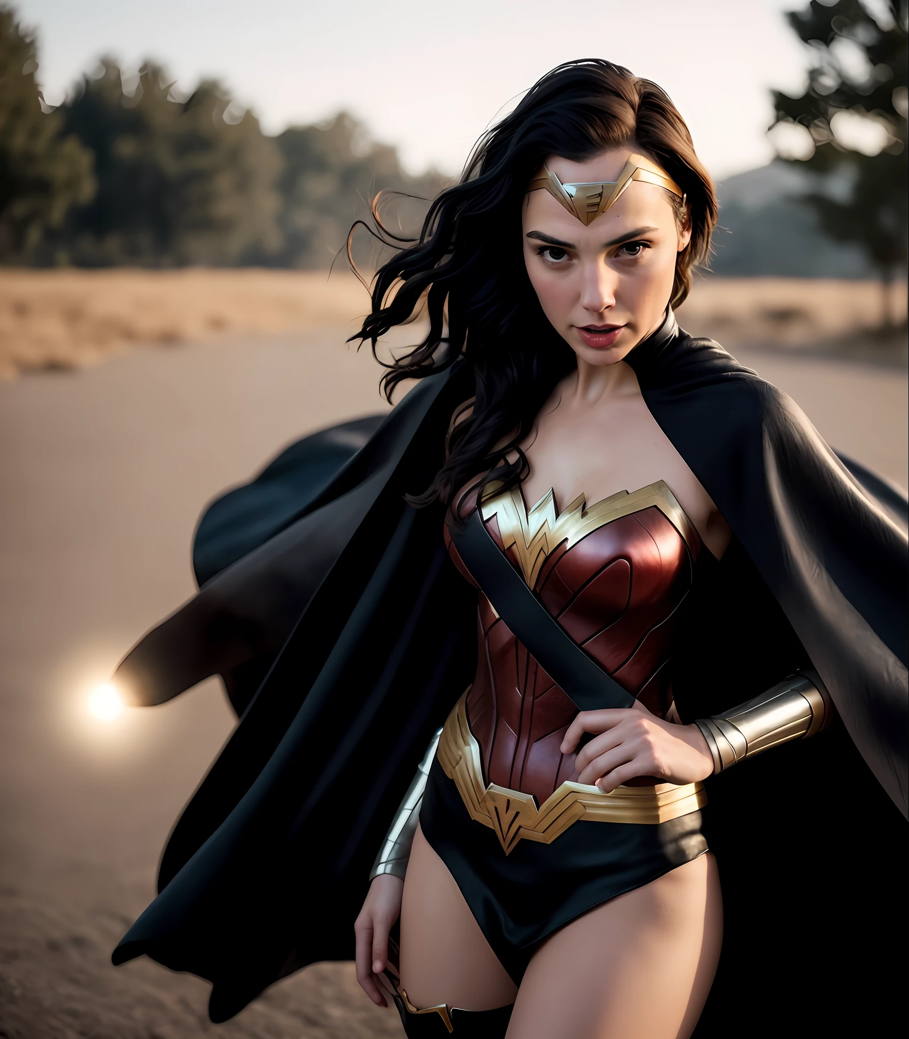 Photo of (gal gadot), princess Diana with a long black cape, fighting position , Hero costume with silver details instead of gold, realistic, photo, volumetric lighting, highly detailed, , Photorealism, Bokeh blur, High detail, emerald eyes, by Jeremy Lipking, by Antonio J. Manzanedo, by lee jeffries , nikon d850 film stock photograph 4 kodak portra 400 camera f1.6 lens rich colors hyper realistic lifelike texture dramatic lighting unreal engine trending on artstation cinestill 800, fisheye lens, background Of war with explosions and tanks.