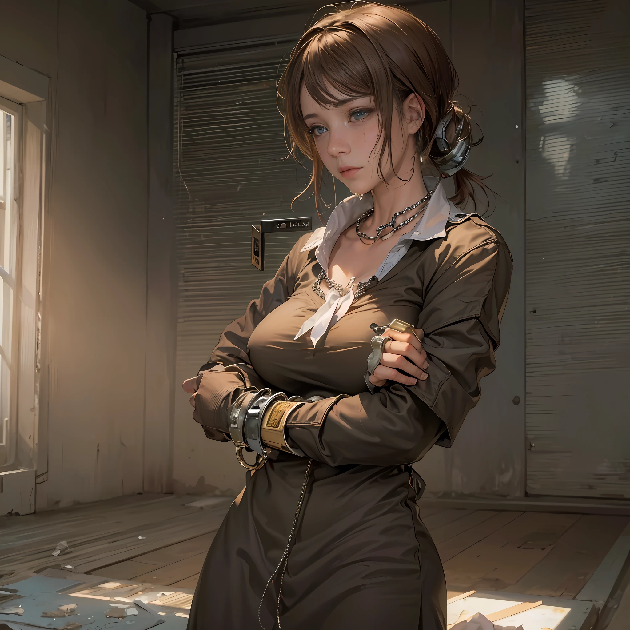 1 girl, lineup,((masterpiece)),((high resolution)),((best quality)),detailed,(nsfw, crying),((Hands bound, handcuffs, tied wrist, arms up, house wife ,teary eyes, brown hair, collar, )),g-string,front-tie bra, torn clothes,large breasts,,statue ,handcuffs, collar, chain, embarrassed, scared,breast focus, movie lighting, perfect shadow,(((prison))), realistic lighting shaded,ass view