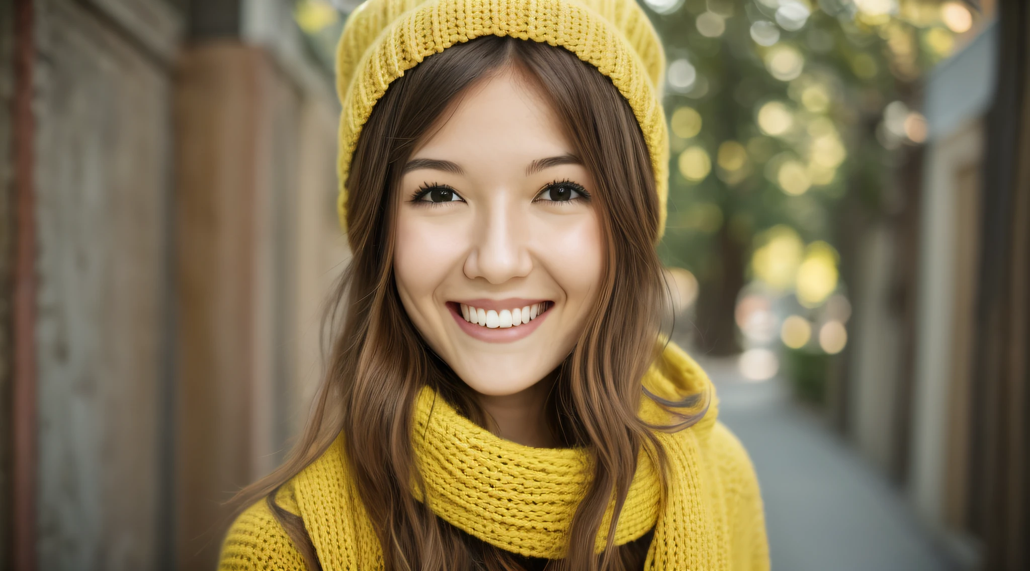 1 Blonde girl wearing a yellow hat and scarf and smiling, com panos amarelos, roupas amarelas, sonolento, ****** jovem bonito, uma boina enorme, sorriso quente e gentil, sorriso quente, yellow cap, ****** feliz, ****** bonito, mais bonito, jovem, hat covering eyes, ******, tempo ensolarado brilhante, jovem adolescente, knit hat, amarelo