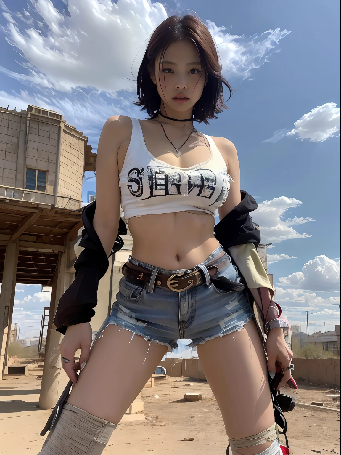 Masterpiece, superlative, realisitic, Jenny wears trendy brands. Football T-shirt, Shorts, open waist, bare shoulder, cleavage, Layered, Long leg, wasteland punk style, The background is a wasteland, desert, Wind and dust details complex, high image quality, photography lighting, 16 k,no bra,White panties,Wet body