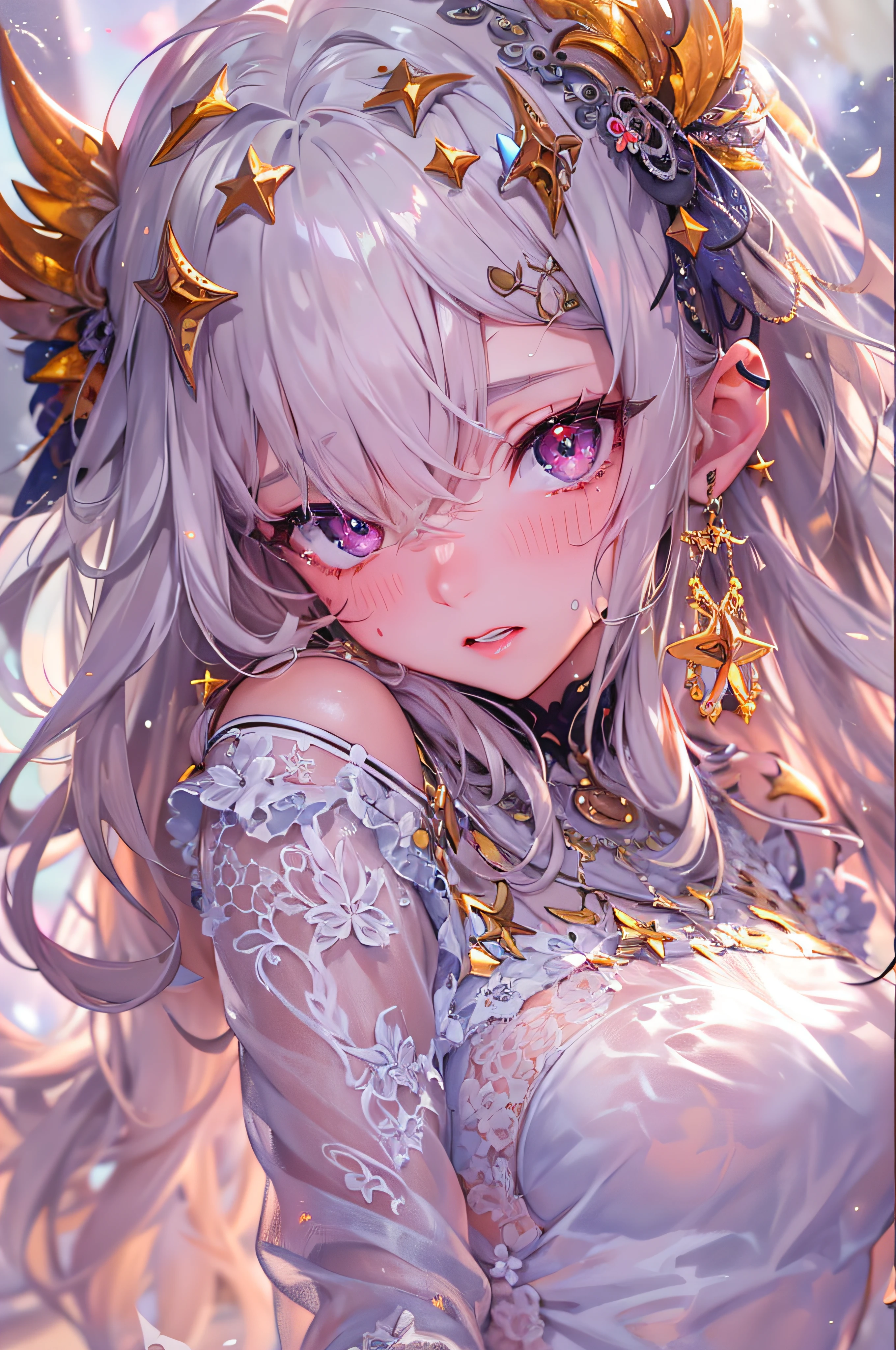 (masterpiece, top quality, best quality, official art, beautiful and aesthetic:1.2), (1girl:1.3), (fractal art:1.3),absurd, masterpiece, best quality, realistic, hyper-detailed, (shiny skin, sweaty:1.4), looking at viewer, slender, solo, white sneakers, white miniskirt, long hair, white hair, red eyes, heterochromia, multi coloured eyes, (thick thighs:0.5), dynamic lighting, high resolution, sharp focus, depth of field, medium breasts, masterpiece, best quality, ultra-detailed, illustration, ultra-detailed face, best quality face, adult, 1girl, 18 years old, adult, intricate detailed outfit, sexy pose, glowing red dress, cute, kawaii, digital art, finely detailed eyes, blushing, red cheeks, realistic, purple eyes, glowing eyes, top, skirt, parted lips, blush, night, sun, sunlight, cute, kawaii, digital art, finely detailed eyes, embarrassed expression, long_hair, blushing, (highly detailed 8k wallpaper), best resolution, very_long_hair, masterpiece, semi-realistic, right hand behind head, left hand on hip, moon, star_\(sky\), starry_sky, full_moon, looking_at_viewer,