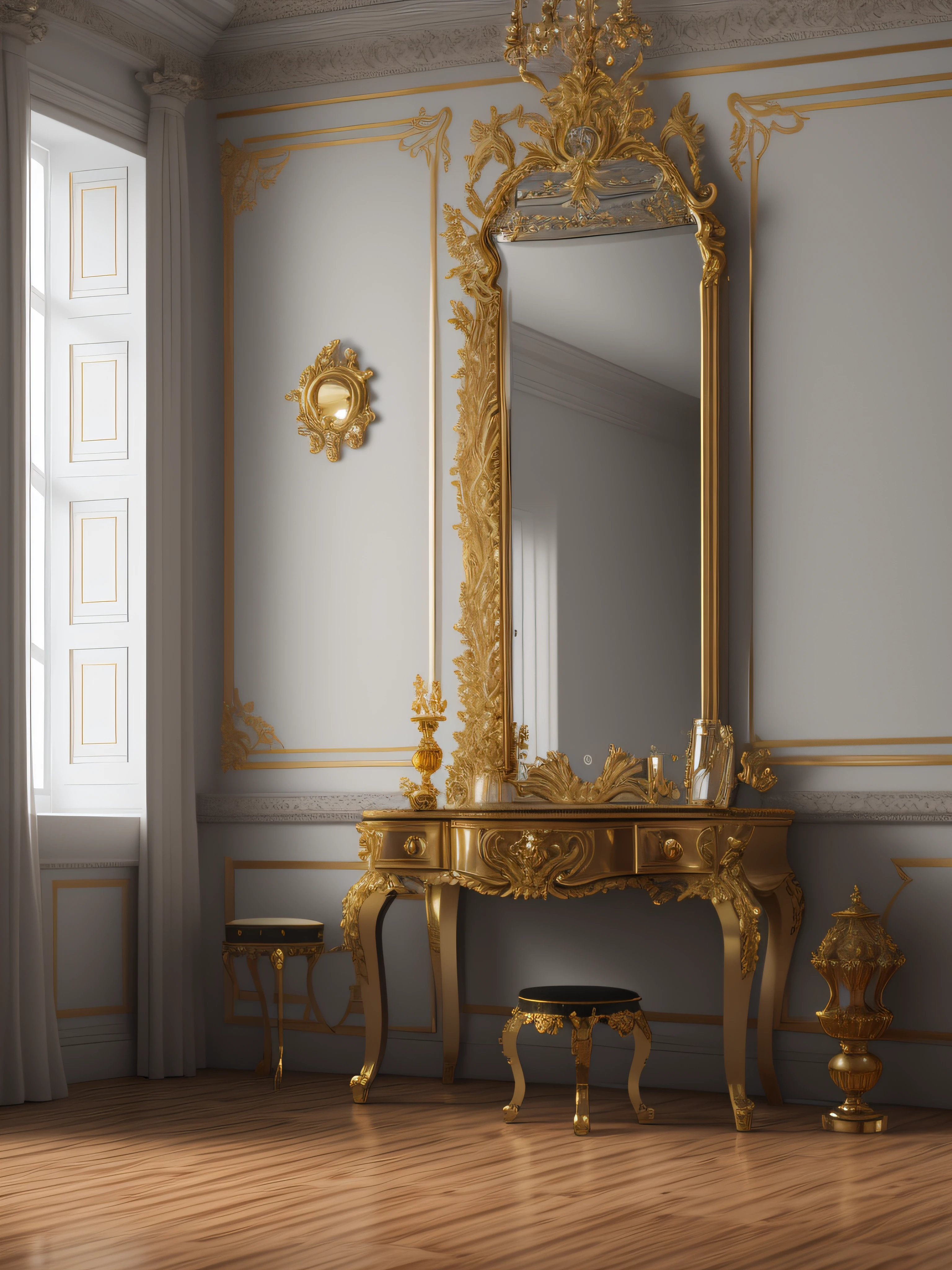 there is a gold mirror on a table in a room, baroque style, 1 8 th century style, elegant and ornate, ornate furniture, ornate and elegant, rococo and baroque styles, elegant render, baroque interior, rococo style, corona render, rendered in v-ray, gold and luxury materials, classicism style, neoclassical style, mirror and glass surfaces