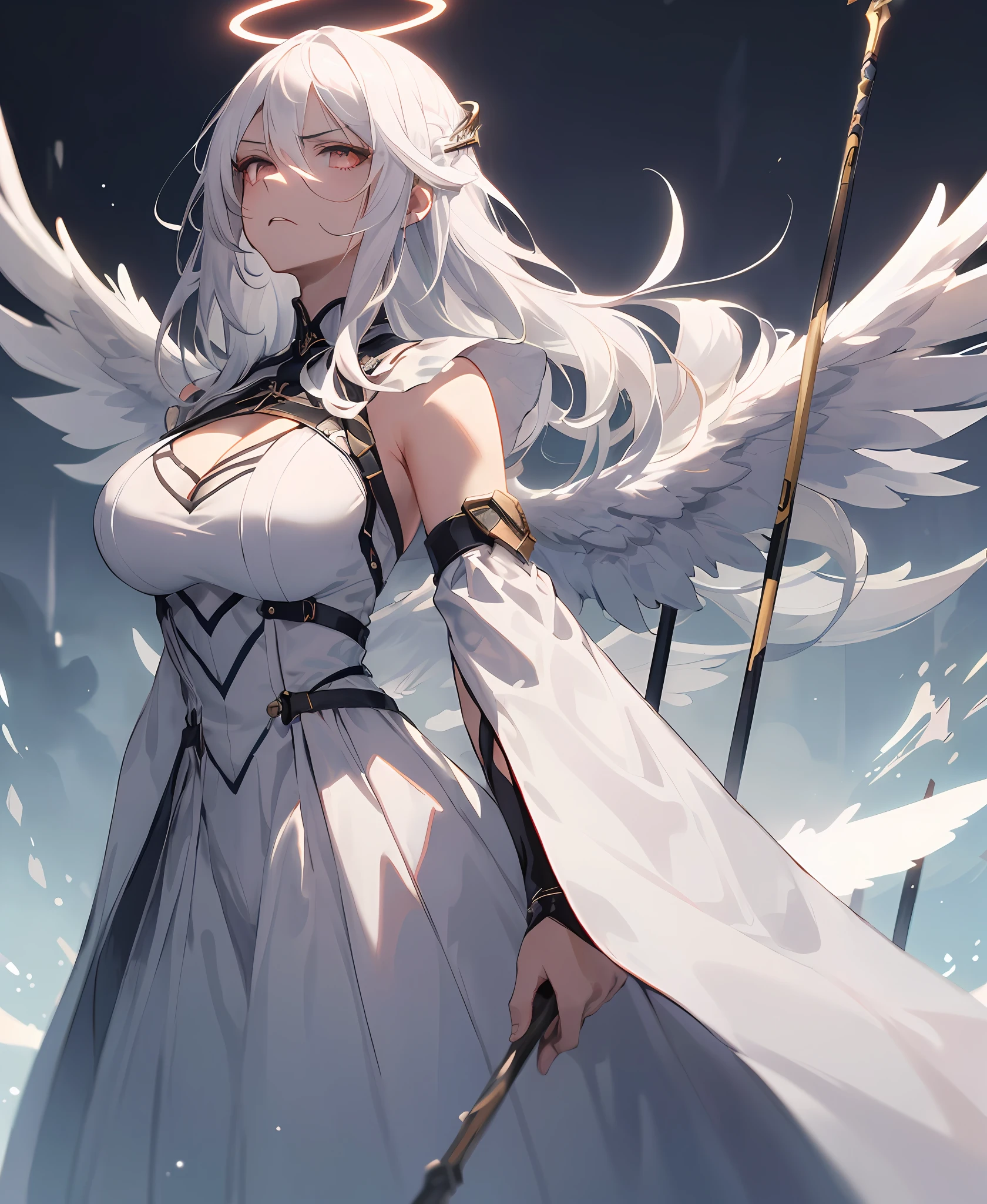 (masterpiece, best quality, high quality), 1girl, ((intimidating, pissed)), standing, white hair, (long hair, disheveled hair), red intimidating eyes, :(, flowing hair, halo, 2large wings, white dress, seen breast, holding a spear