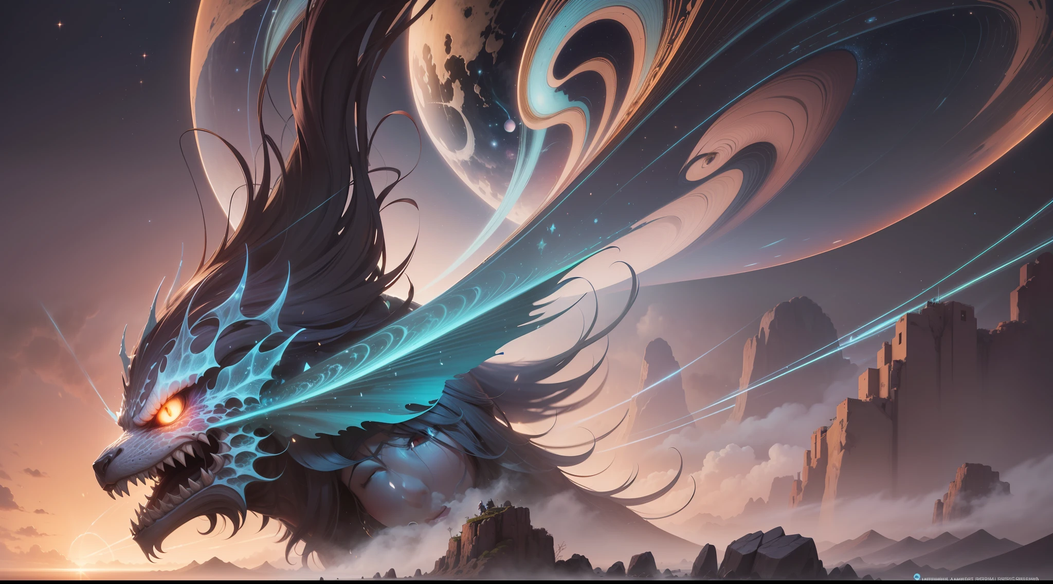 Extremely detailed illustration of a cosmic deity, retroiluminado, Altamente iluminado, Cristal colorido, cabello flotante, Closeup, visualmente rico, Manga, Caprichoso, JRPG, encantador, emocionalmente evocador, Entorno detallado, fantastical, Imaginativo, visualmente rico, atmospheric, Ampliada, flat lighting, 2d, dibujos animados, Vector, Rocas