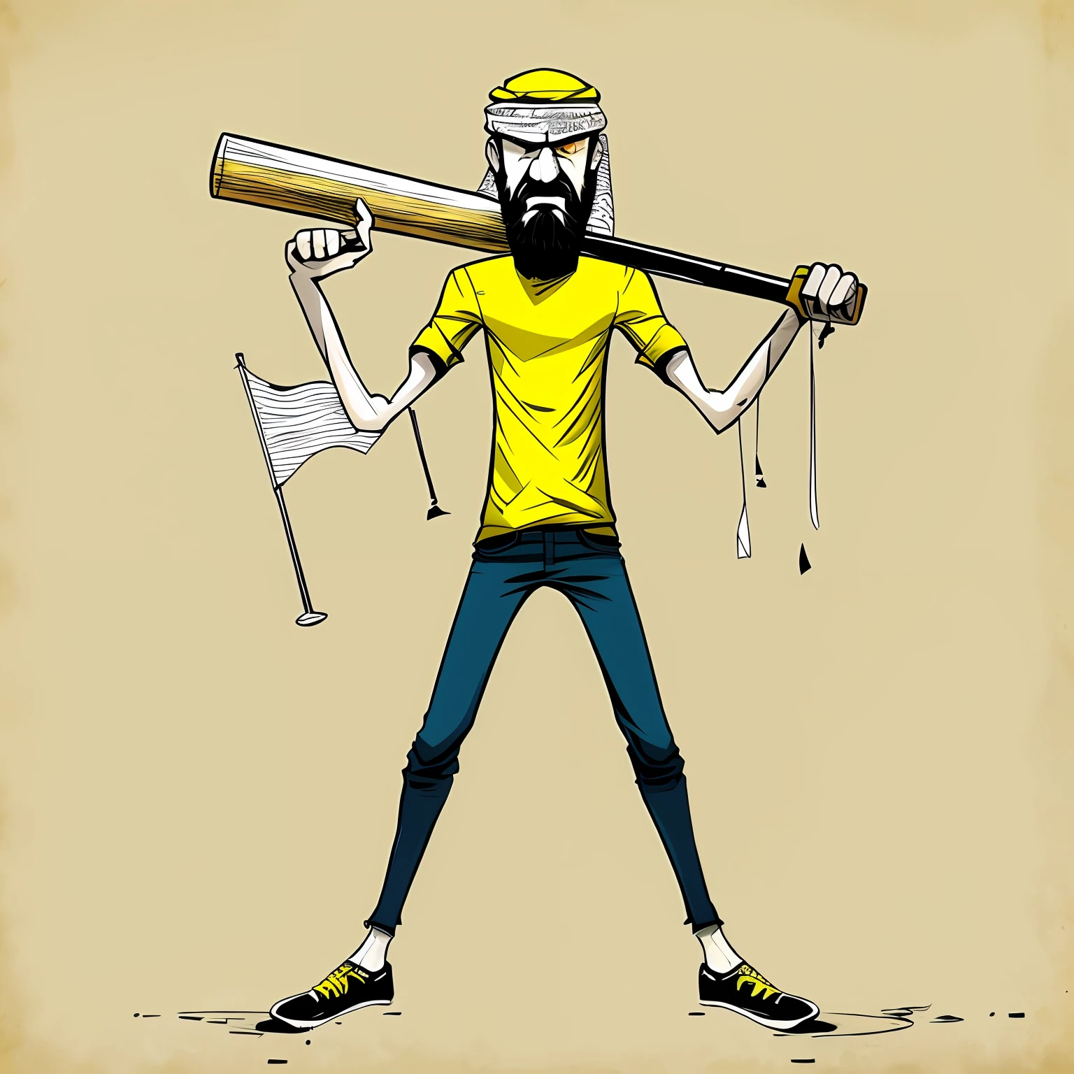 Make an Arabic character The fictional character with the whole body facing the camera, wearing a yellow T-shirt over traditional Middle Eastern clothing. ele tem um grande, thick beard and wears a white turban wrapped around his head. He holds a baseball bat with red spots on one hand. The other hand is holding a flag in yellow The character has slightly brown skin and lean physique. Realistic cartoon-style art with graffiti details depicts the fictional character in central focus, com o fundo neutro. fundo branco