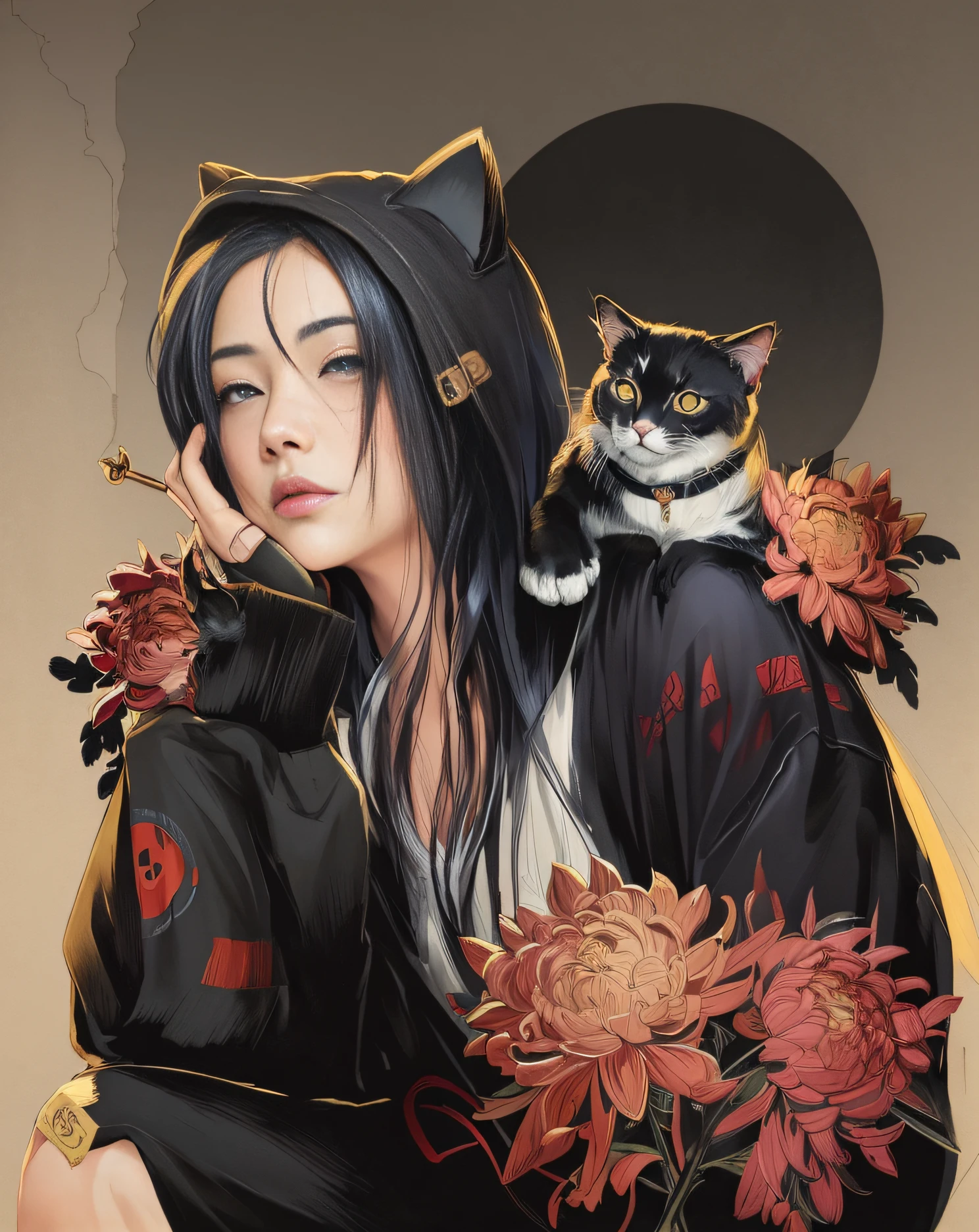 Image of a woman with a cat on her shoulder, Japanese Art Style, artwork in the style of guweiz, emo girl and her cat, Satoshi can depict an art style, Anime-style illustration, anime vibes, inspired by Shunkōsai Hokushū, shohei otomo, Japanese Gothic, style anime, mixed with Fujifilm