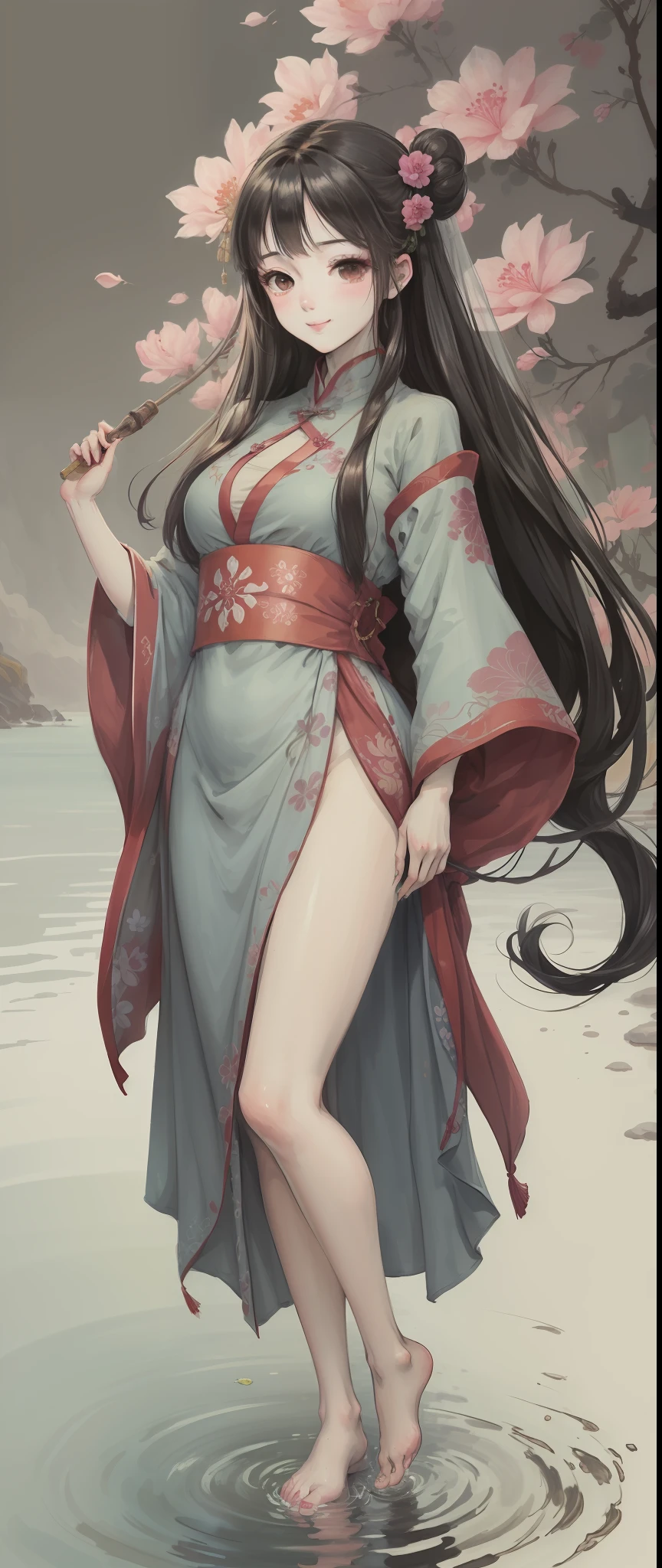 ((4k,masterpiece,best quality)), shuimobysim, Traditional chinese painting, hibisco, Hanfu, maxiskit, Dress conservatively 1girl, solo, blue long hair, ssmile, standing on your feet, Feet in the water, The barefoot,