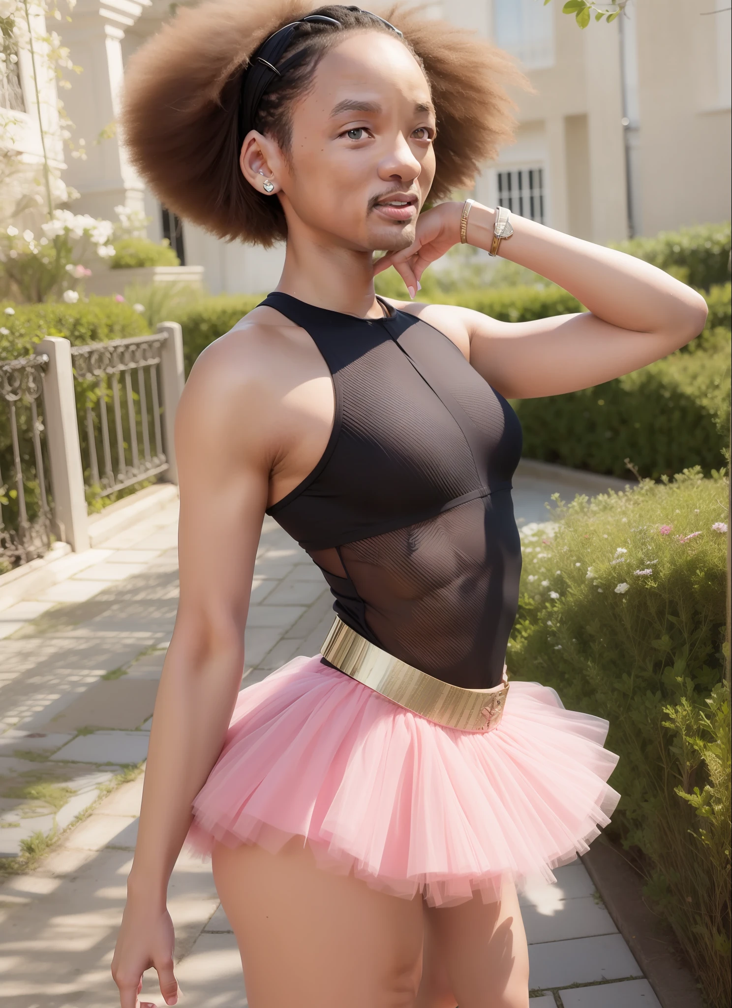((Will Smith)). cuerpo en forma. vestidas como una bailarina en tutu de color rosa. Standing in the garden