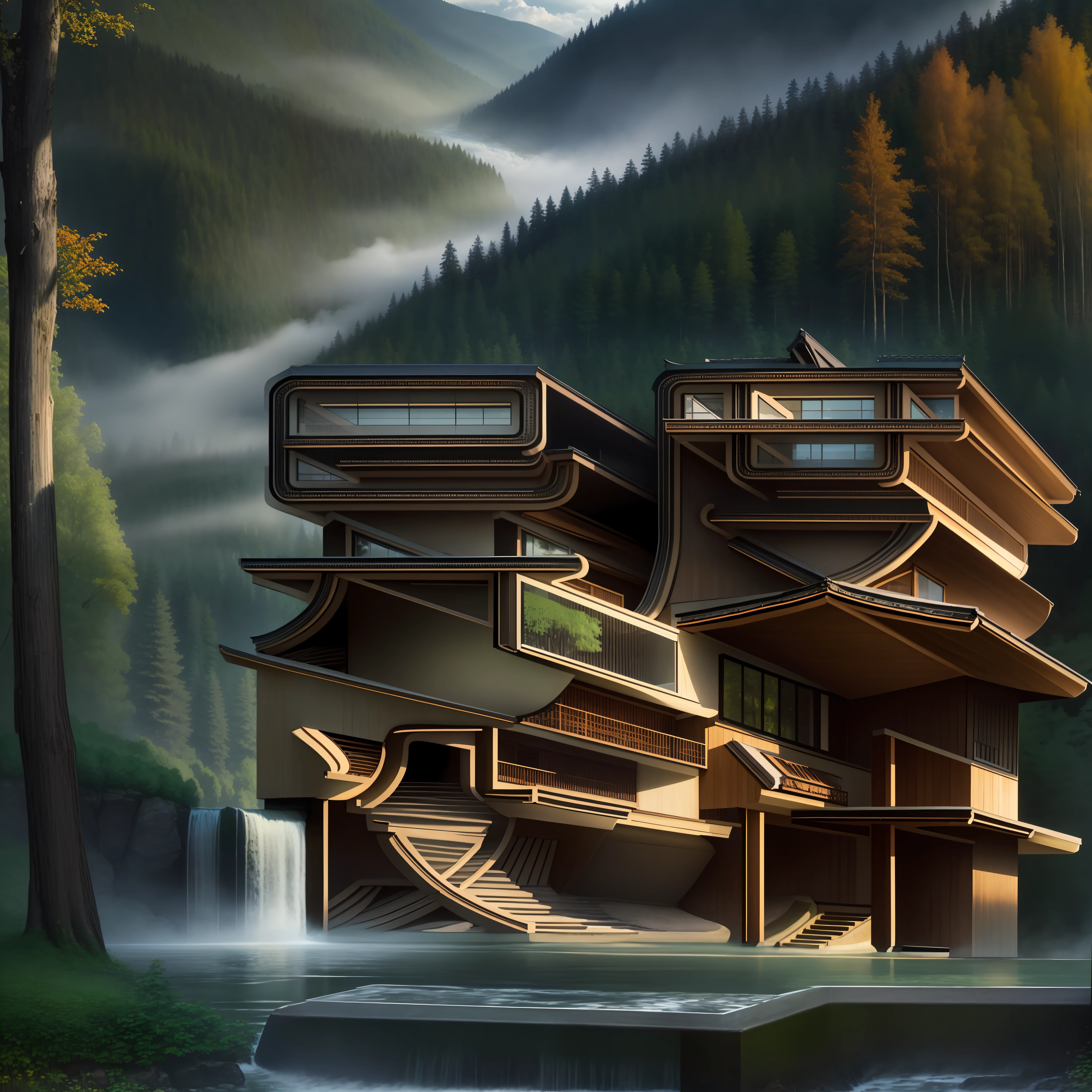 analogue style,Majestic river,Trees on both sides,small waterfalls,dense fog,award winning photography,color difference,A detailed,hdr,full bloom,Monet-style image、Pissarro and Sisley,Trends on ArtStation,Villa in a forest valley,Double storey white maple villa,The art of midjourney