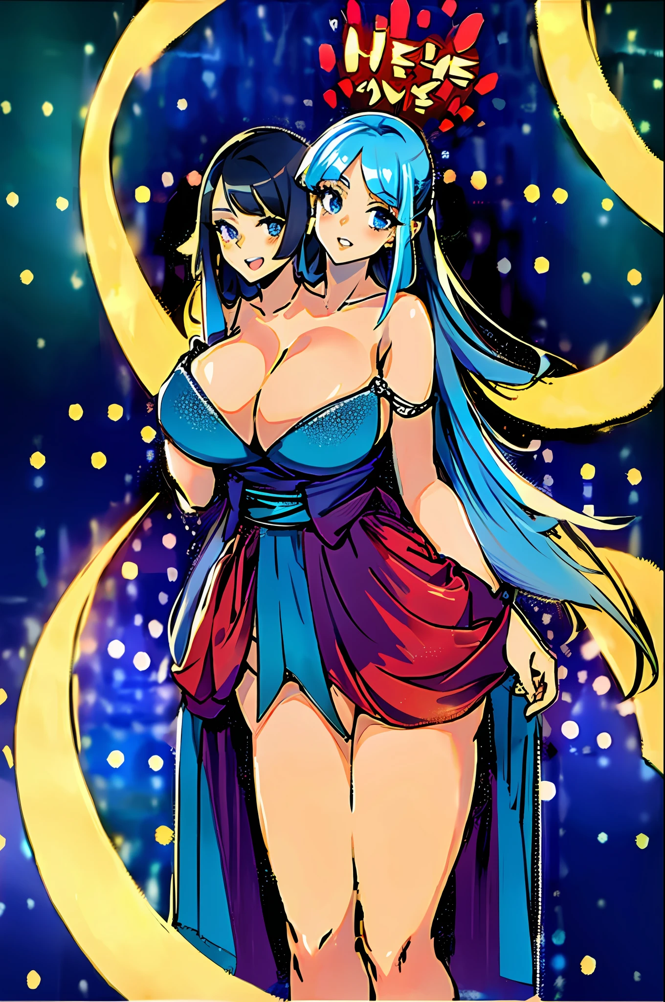 2heads, a short chubby woman with 2 heads. She has massive breasts. She is wearing a revealing outfit. She is colorful. She is singing. She has long flowing hair. She has gigantic breasts.