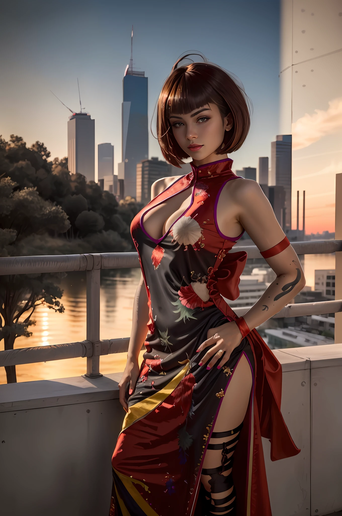 Anna Williams, 1girl, vestido de porcelana, corte de bob, legwear estampa, mangas destacadas, sozinho, Rosto detalhado, Olhando para o Viewer, cowboy shot, parte superior do corpo, torre, Skyline, Skycraper, Noite, raios de luz, (master part:1.2, best quality)