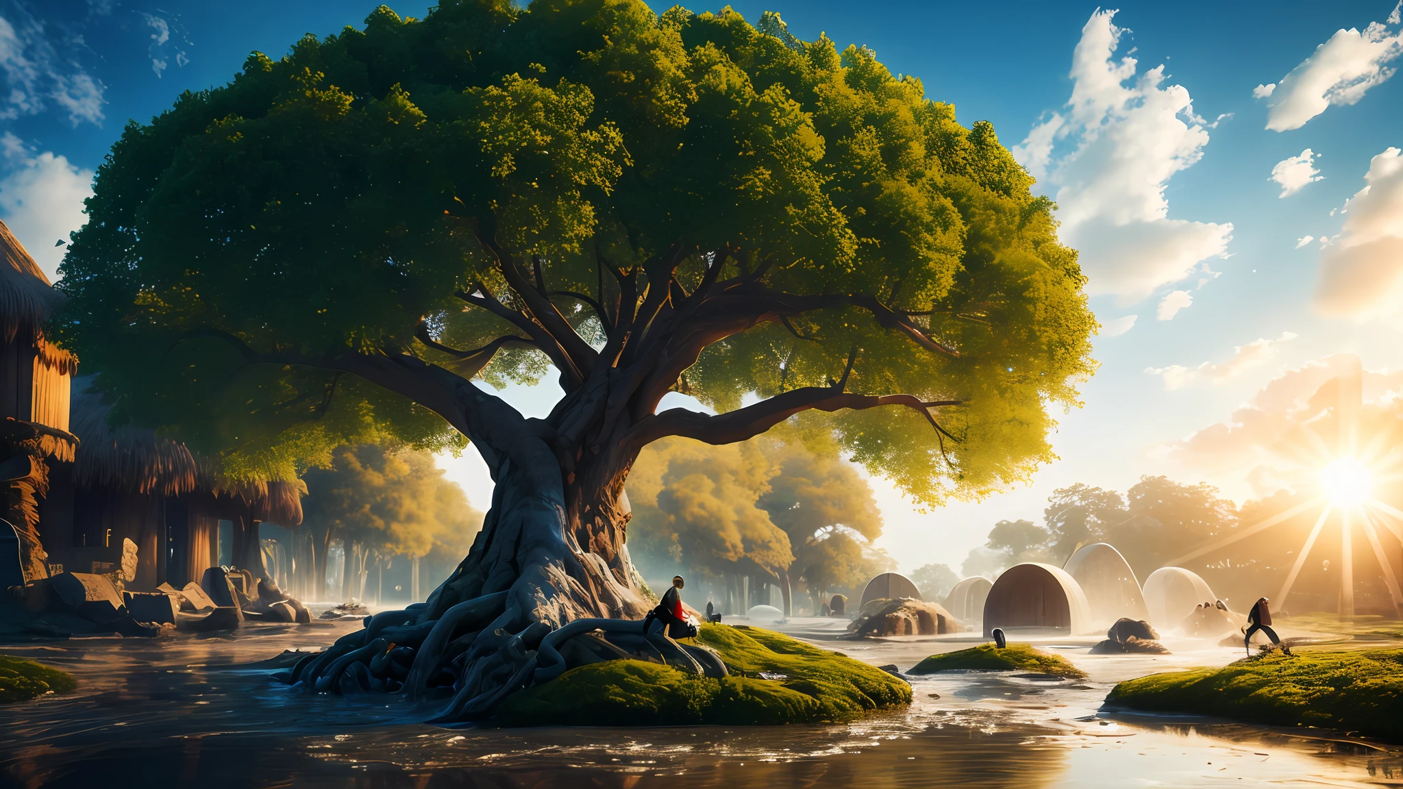 masterpiece, best quality, high quality, extremely detailed CG unity 8k wallpaper, a hyperrealistic colossal cyan raintree, in a futuristic prehistoric village, splashing water, sandy debris, lens flares, sunshaft, fluffy clouds, Hyperdetailed, HDR, bloom, Photorealistic, hyperdetailed