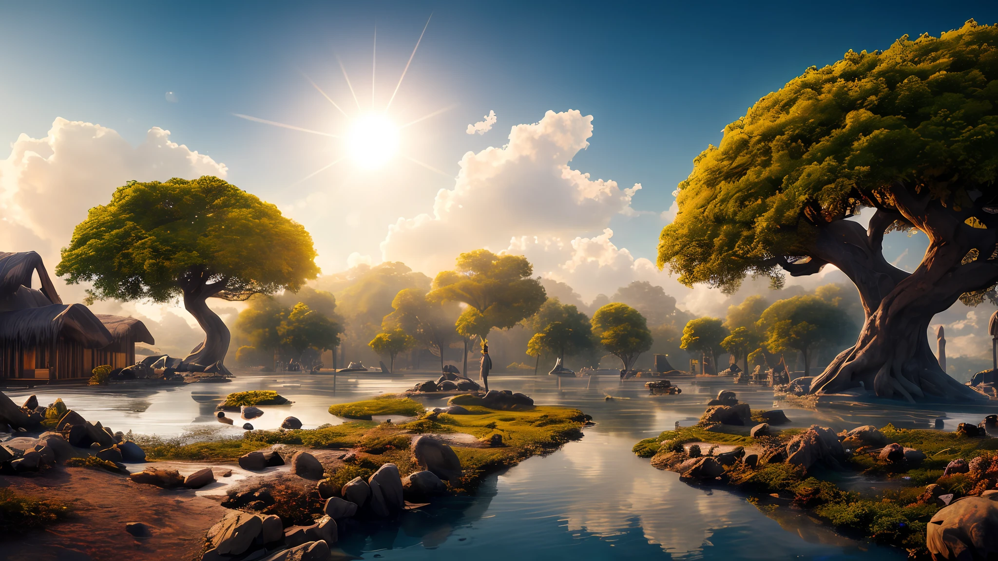 masterpiece, best quality, high quality, extremely detailed CG unity 8k wallpaper, a hyperrealistic colossal cyan raintree, in a futuristic prehistoric village, splashing water, sandy debris, lens flares, sunshaft, fluffy clouds, Hyperdetailed, HDR, bloom, Photorealistic, hyperdetailed