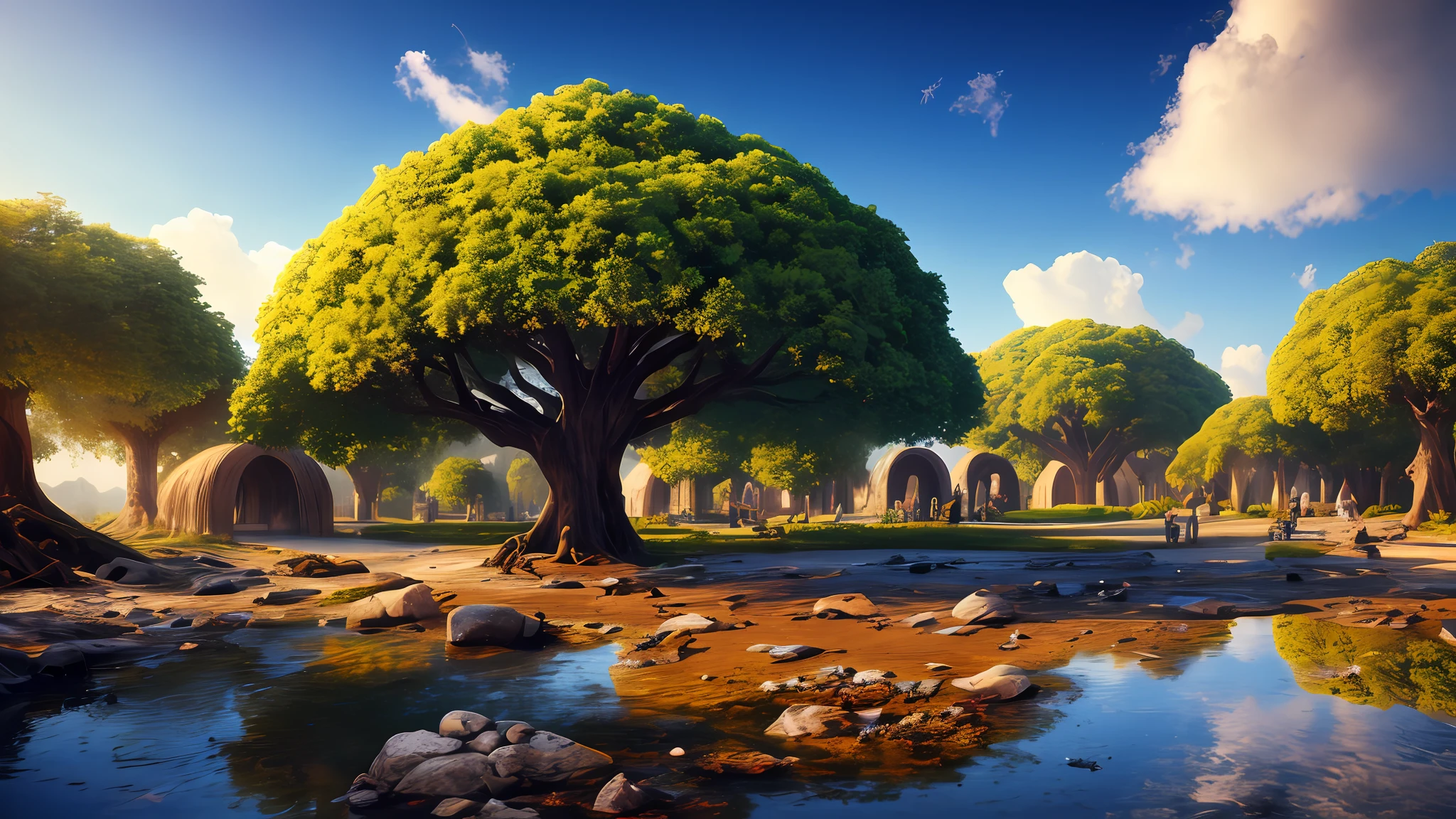 masterpiece, best quality, high quality, extremely detailed CG unity 8k wallpaper, a hyperrealistic colossal cyan raintree, in a futuristic prehistoric village, splashing water, sandy debris, lens flares, sunshaft, fluffy clouds, Hyperdetailed, HDR, bloom, Photorealistic, hyperdetailed