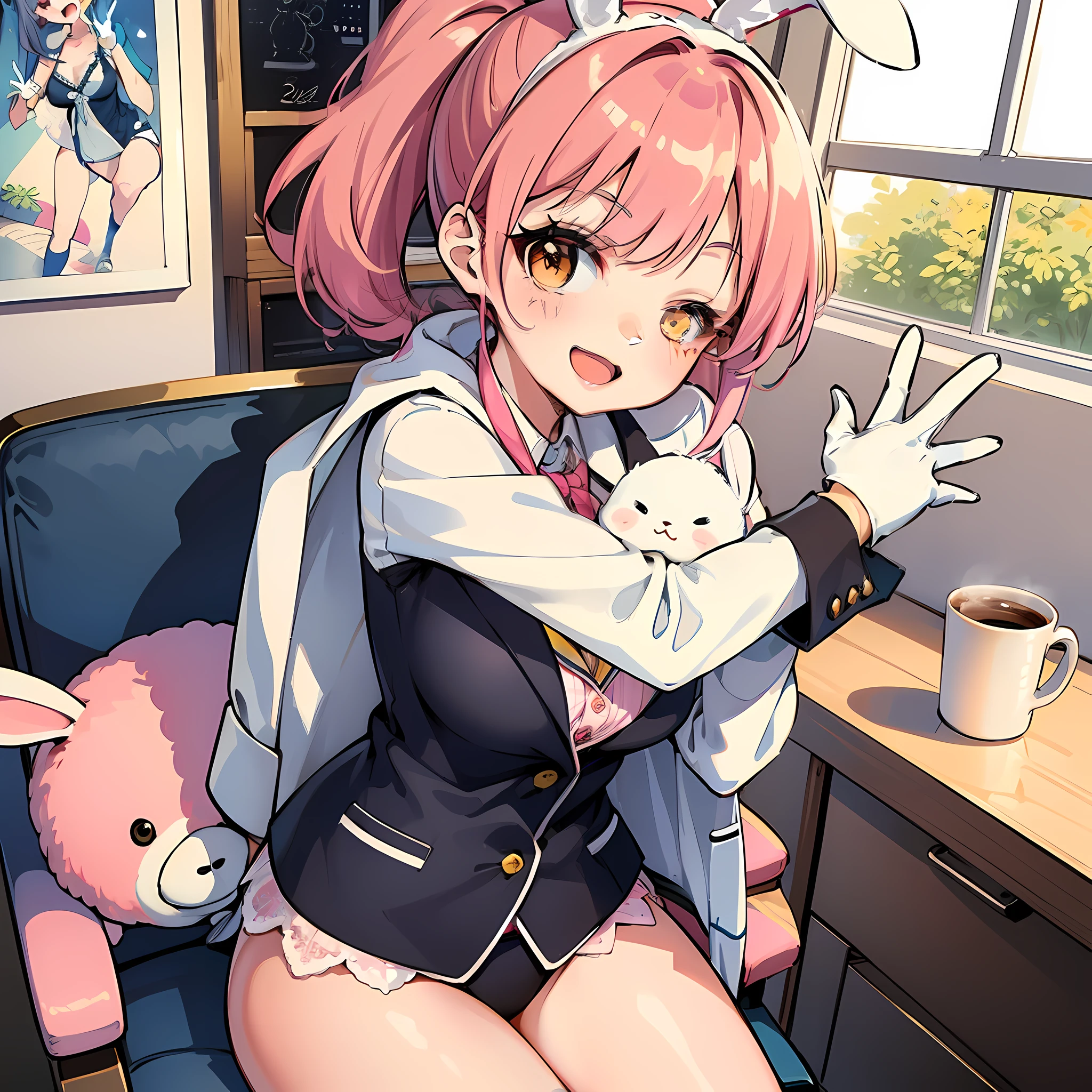 (:D:1.2),One girl. (masutepiece, of the highest quality, Kyoto Animation Style Illustration, of the highest quality, Official art, aesthetics, Beautiful details, :1. 2), BREAK, ( girl), Very detailed, colourfull, highest details, BREAK, (medium breasts),(Orange Eyes:1.2),(girl, Cute, Graceful, Loli face,Piair,a short bob,tareme, gleaming skin, Hugging a stuffed rabbit, Playboy Bunny,(Suit Style, long lace white gloves, Black cardigan:1.1), High socks with pink and yellow stripes,Pink Bunny Years Hair Band,BREAK,(Holding a mug),Coffee,(one eye closed), Waving hands,Smile,(closes mouth),Leg Crossing,chair sitting sitting,Office Lady,Ponytail, Navy suit