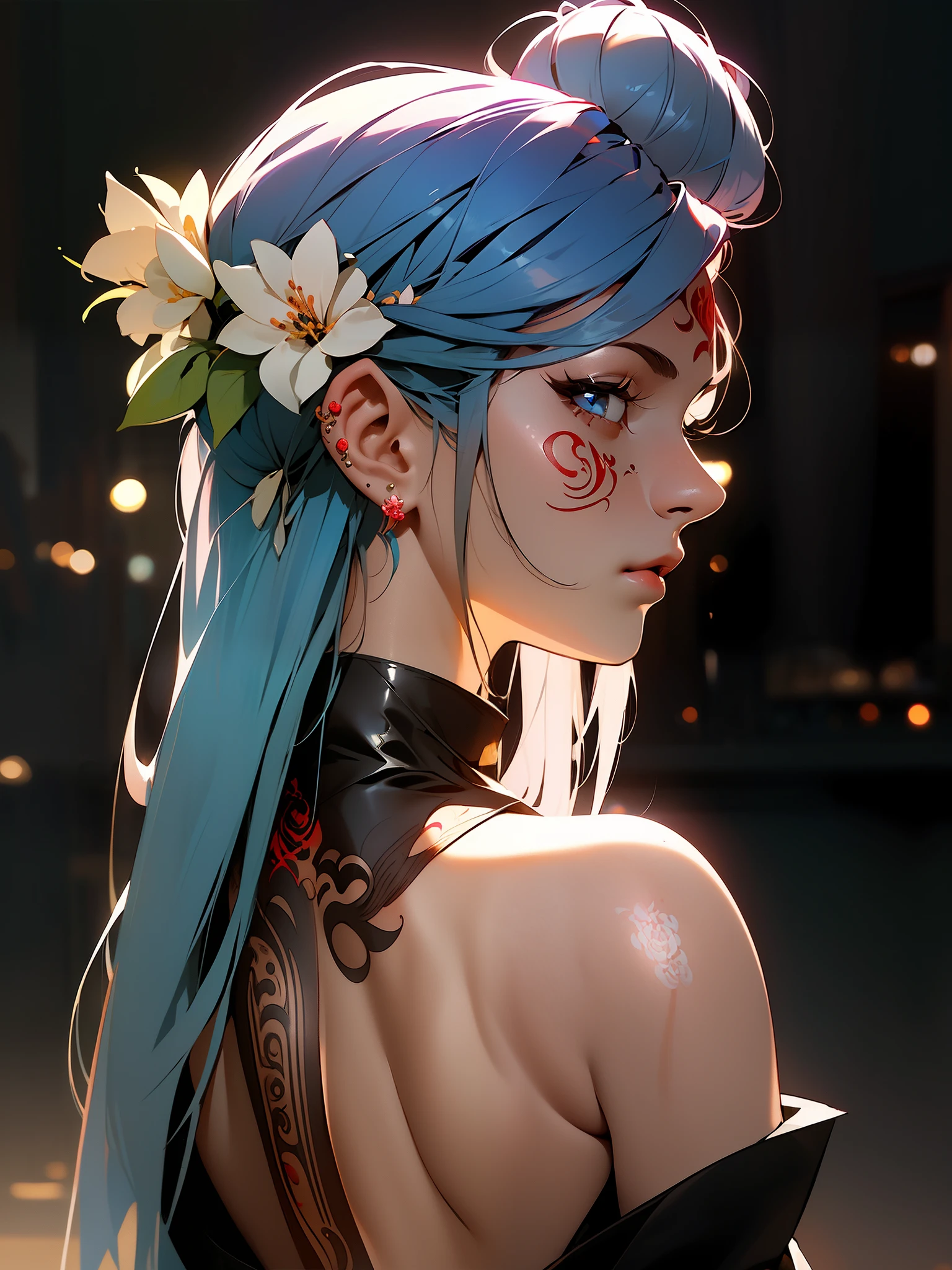 (masterpiece best quality:1.4),1girl, (tattoo of chinese text:1.5), solo, back tattoo, hair flowers, long hair, blue eyes, looking at viewer,back tattoo,tattoo,looking back, from behind, black hair, tassel, bare shoulders, hanfu, chinese clothes,back, bangs, upper body, earrings, indoors, nape, off shoulder, jewelry, eyelashes, lips, back focus, profile, hair bun, sliding doors, piercing, single hair bun,