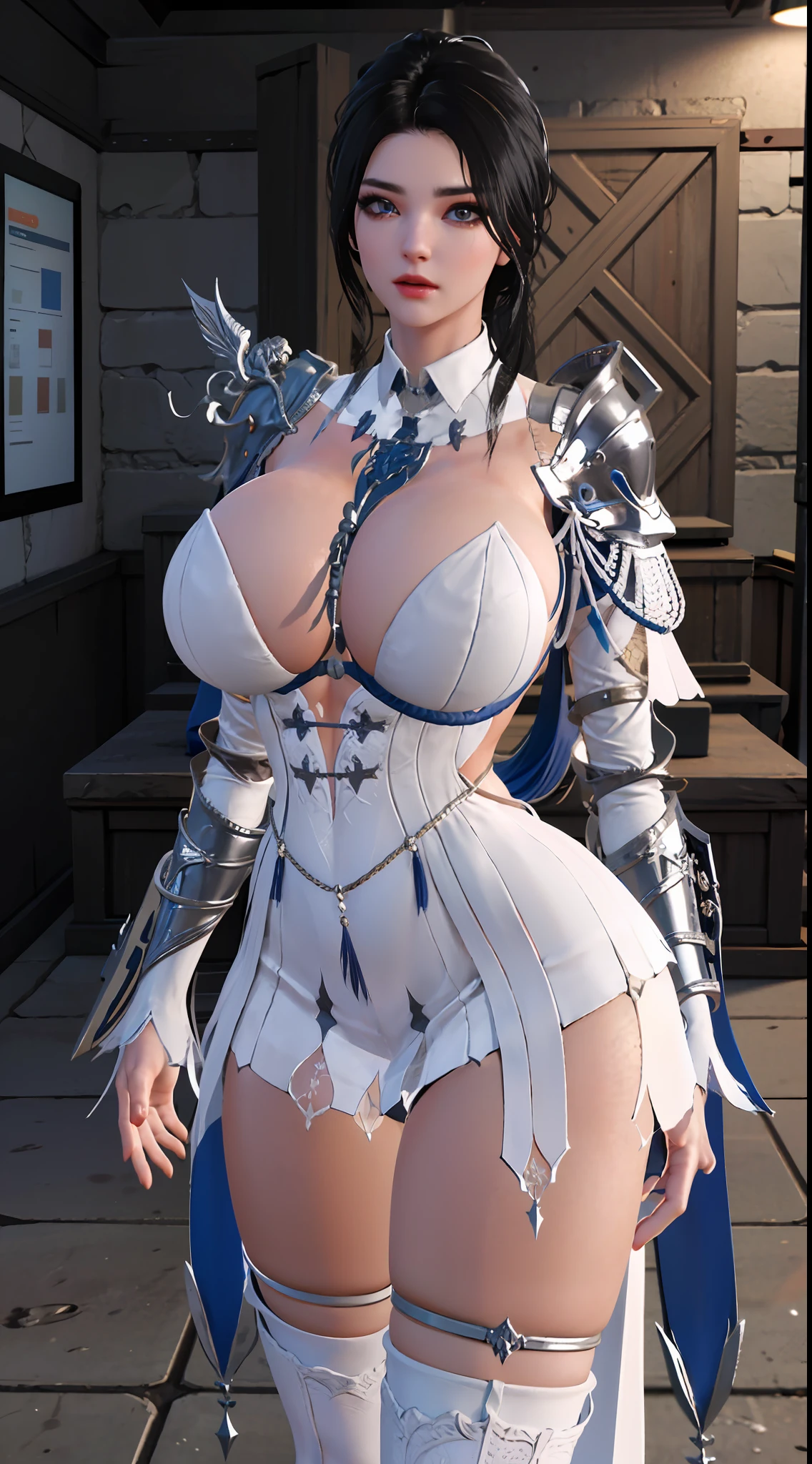 ((Unreal Engine 5)), Realistic Rendering, Excellent, (Full royal armor:1.2), (breastplate), (helm), looking on camera, 1girl standing on studio, beautiful face, (kpop makeup), CGImix, (photorealism:1.2), ultrarealistic uhd face, (hugefaketits:1.4), (gigantic breasts:1.2), (muscle abs), (big butt), (wide hips), (thick thighs), slim waist, hourglass figure, half body, ((glowing skin)), ((shiny skin)), Realistic perfect body, ((she is sexy body)), ((clean skin)), photorealistic, bokeh, motion blur, (background blur:1.4), masterpiece, highres, 1080P, super detail, textured skin.