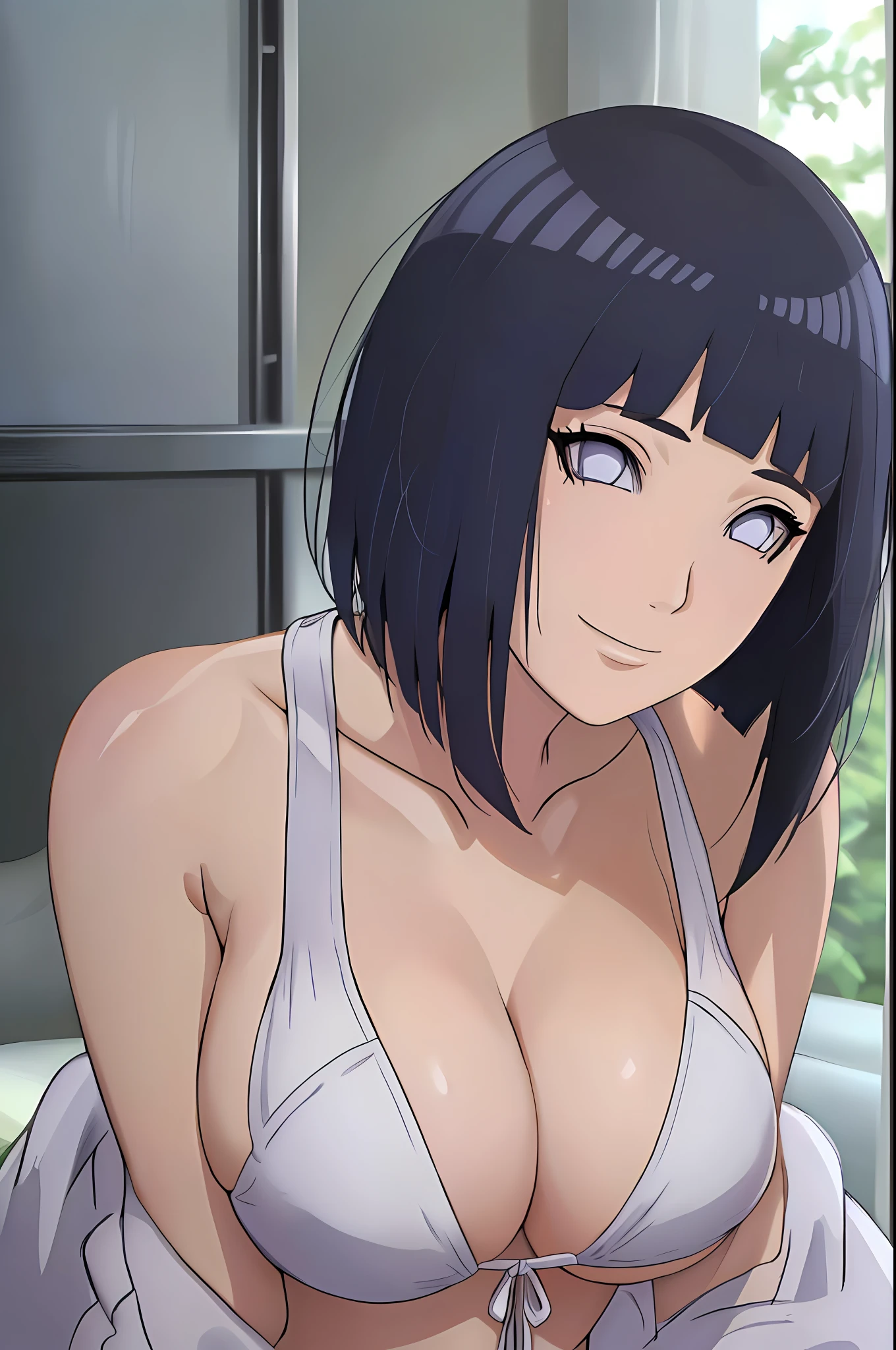 (masterpiece, 8k, anime style:1.9, bold drawing lines, plain, squating, bare body, BIG BREASTS, less clothing, taking off shirt, bare shoulders, sand on body, polished nails, seductive, very tight white micro bikini, no shirt, showing off), hinata\(boruto\), mature female, sunbathing, milf, (curvy:0.8), solo, short hair, hime cut, (dark blue hair color:1.1), white, flat belly, perfect eyes, anime eyes, smoky eyeliner, eyeshadow, perfect face, shy, sharp focus, professional artwork, intricate details, colorful, vibrant colors, vivid colors, digital blending, ultra detailed body, ultra detail hair, ultra detail face, trending on pixiv, kind smile, happy, very hot colors, holding armpit, setting on couch, armpit on couch surface, leaning on couch, hot colors, sunny day