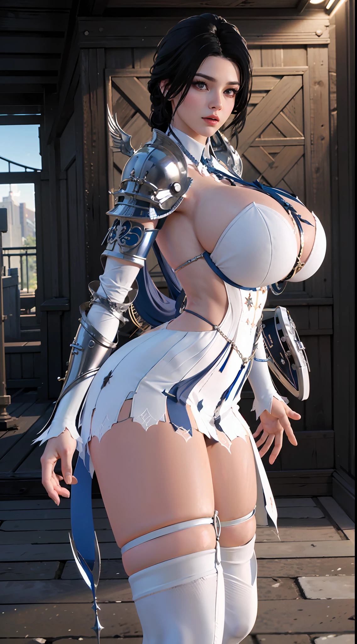 ((Unreal Engine 5)), Realistic Rendering, Excellent, (Full royal armor:1.2), (breastplate), (helm), looking on camera, 1girl standing on studio, beautiful face, (kpop makeup), CGImix, (photorealism:1.2), ultrarealistic uhd face, (hugefaketits:1.4), (gigantic breasts:1.2), (muscle abs), (big butt), (wide hips), (thick thighs), slim waist, hourglass figure, half body, ((glowing skin)), ((shiny skin)), Realistic perfect body, ((she is sexy body)), ((clean skin)), photorealistic, bokeh, motion blur, (background blur:1.4), masterpiece, highres, 1080P, super detail, textured skin.