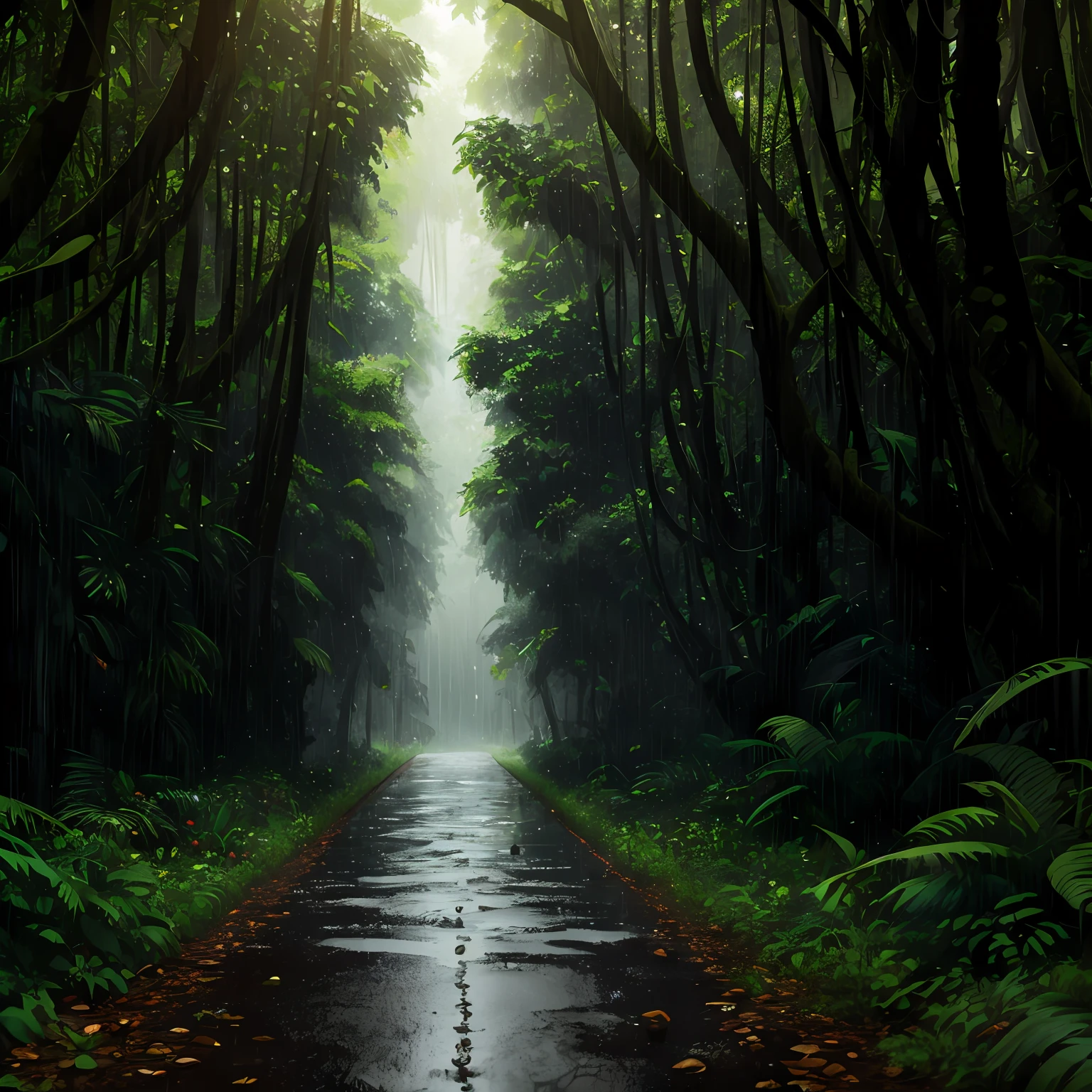 Jungle, intense rainfall, monochromatic colors, vines everywhere, huge wet trees, masterpiece, highest quality, highly elaborate CG Unity 8K wallpapers, oil paintings, award-winning photos, bokeh, depth of field, HDR, bloom, chromatic aberration, photorealistic, very detail, art station, CGSociety trend, complex, high detail, dramatic, Art by Mid-Journey, Volumetric Lighting --auto