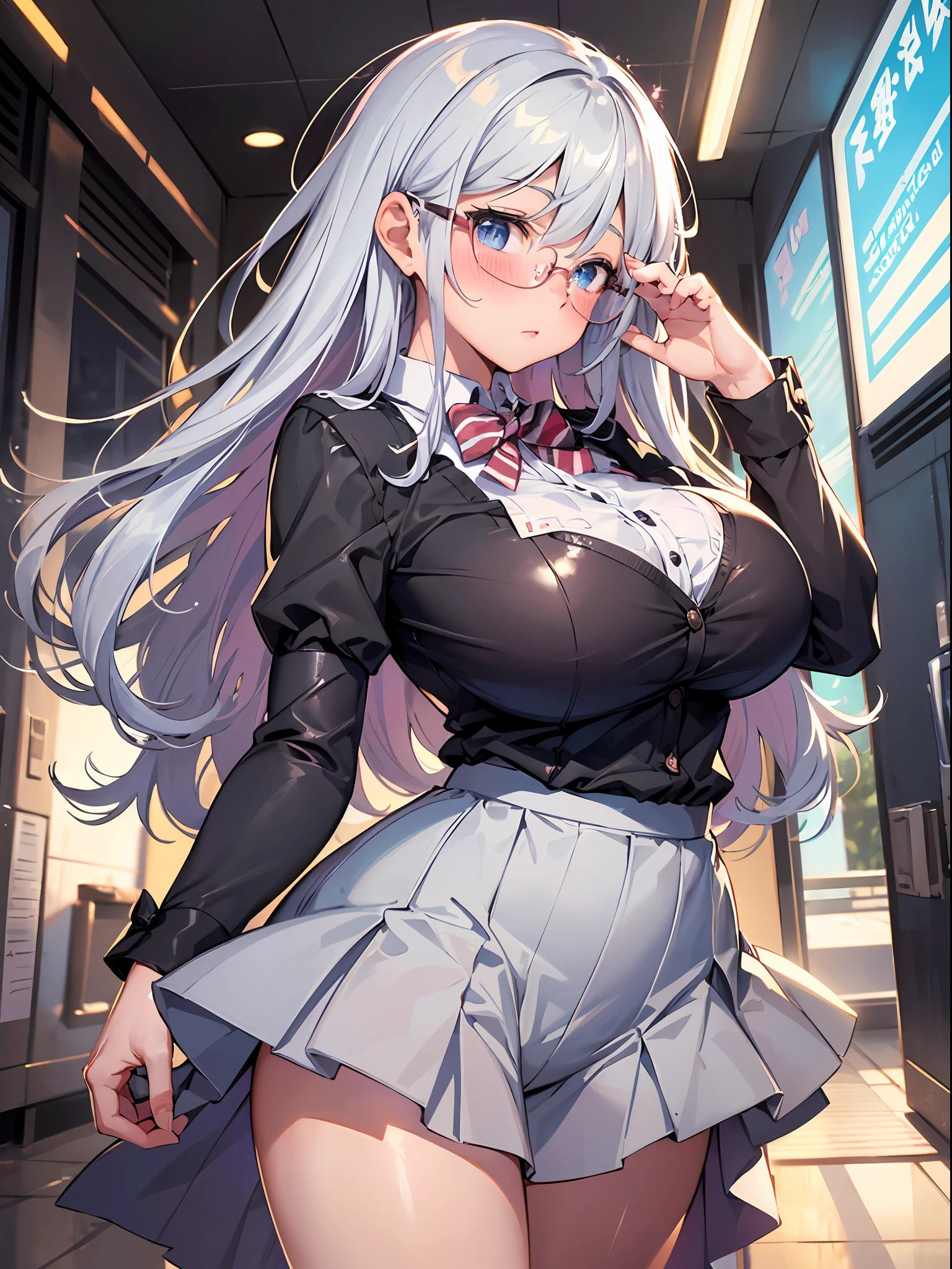 ((masterpiece)), ((Best Quality)), (Ultra-detailed), ((kawaii)), (Cute), (lovely), ((Sexy)), (Ero), ((Extremely detailed)), 4K, (8K), Best Quality, (Beautiful), Illustration, Anime style, Painting, Dynamic Angle, Cowboy Shot, (from wildcard:1.4), heavy outline, clear outlines, Gradation, full body focus, (morning), Cute little girl,1girl in, Solo, culotte skirt, grey hair, Beautiful random colored eyes, ((Beautiful eyes)), Slightly wheat-colored skin, random hair style, Buttocks, (gigantic and massive tits), glasses, bowtie, (cool), (blush:1.5), sparkling effect, Lens Flare, shiny-glistening, gleaming