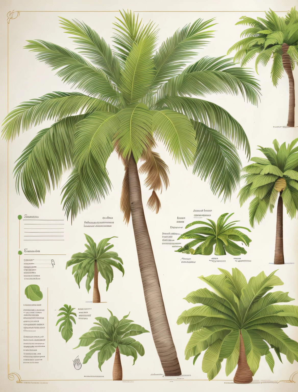 reference sheet for a close up of a palm tree with a bunch of different types of leaves, botanical poster, tropical palms, palmtrees, palm trees james gurney, palms, palm trees, tropical trees, illustrated poster, exotic trees, botanical art, poster illustration, palm tree, an illustration of, the palms come from the ground, scientific illustration, date palm trees, coconut palms