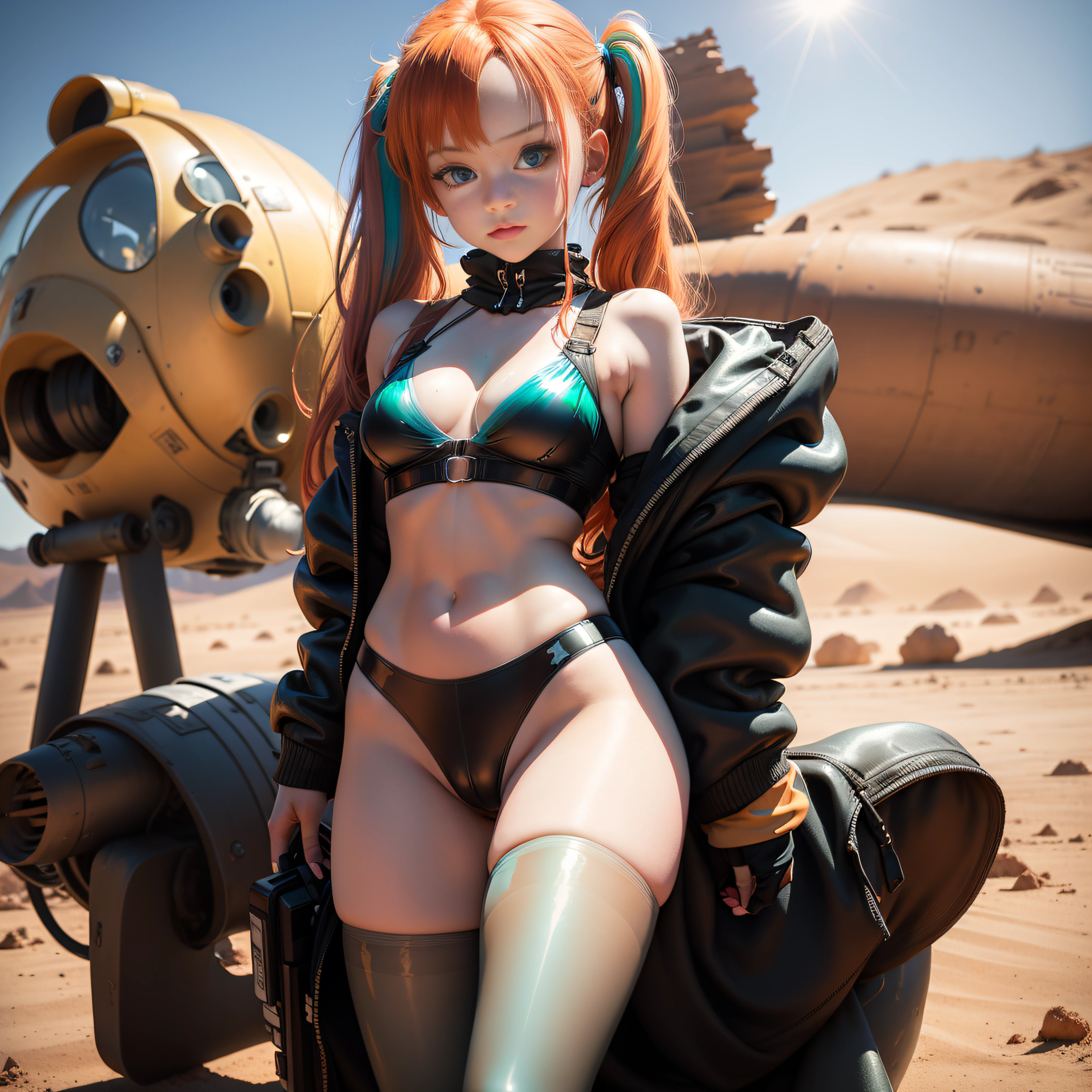 cute redhead woman in twin tails, multiple rainbow colored hair, sky-blue eyes, happy, Ukrainian ((perfect eyes)), petite, pale skin, wearing a (translucent bikini) ((50% opacity clothing)) green metallic color bikini, (camel toe), ((translucent black pantyhose on her legs)), post apocalyptic background, bleak barren desert, photo realistic woman, ((only one woman)).